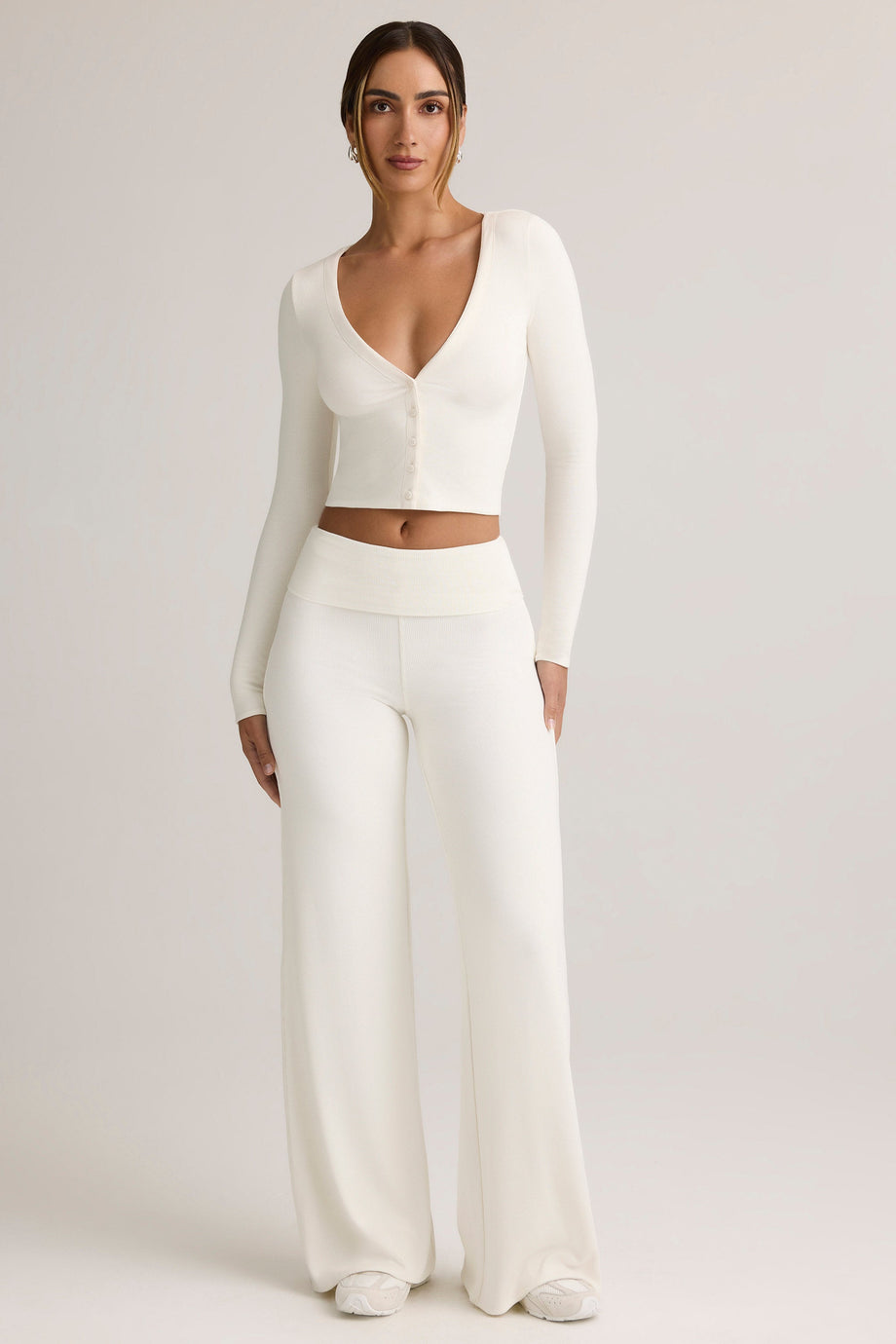 Modal Ribbed Foldover Wide-Leg Trousers in White