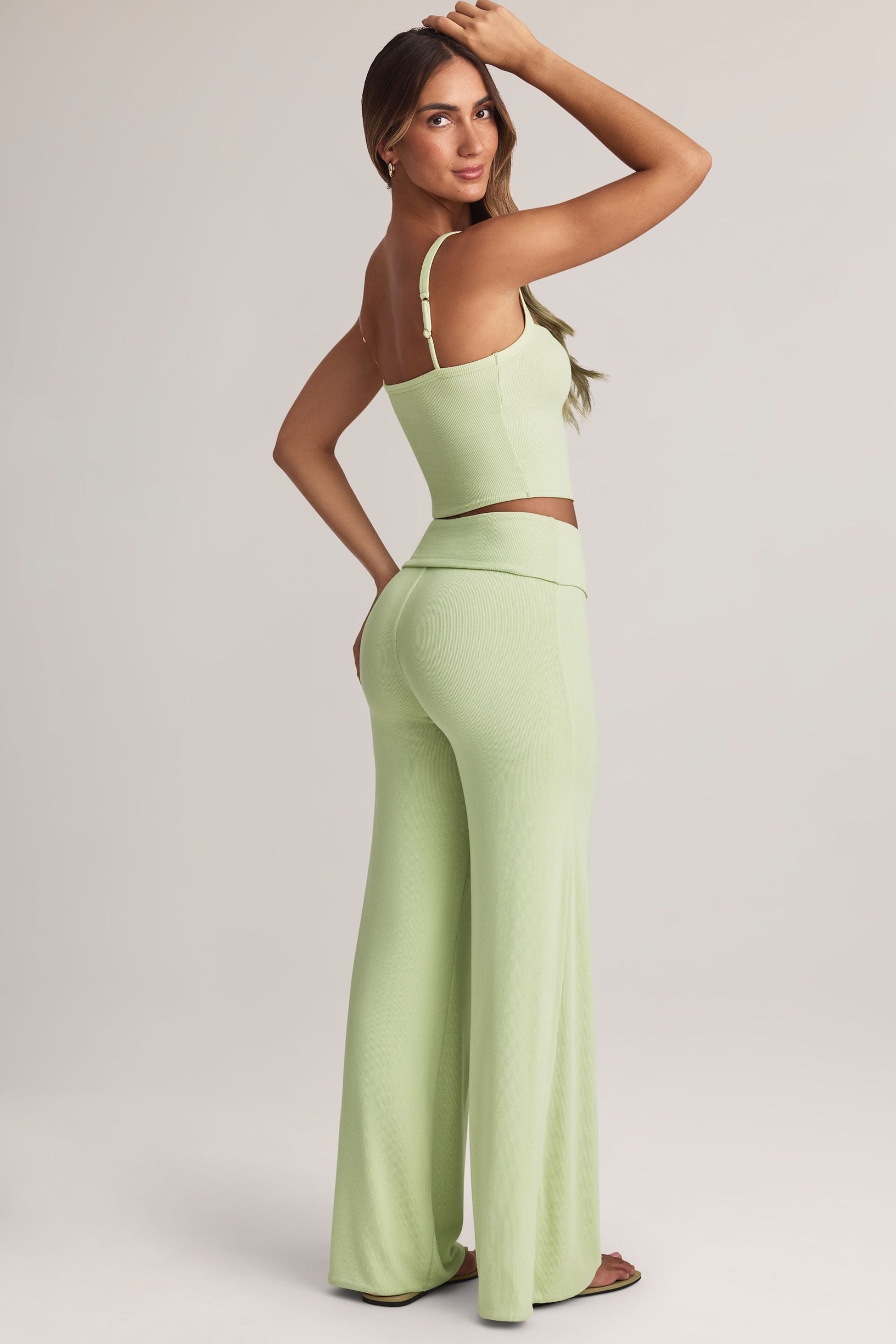 Modal Foldover Wide-Leg Trousers in Sage Green - 2