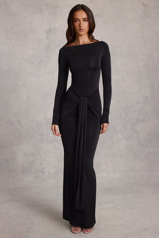 Draped Ruched Maxi Dress in Black