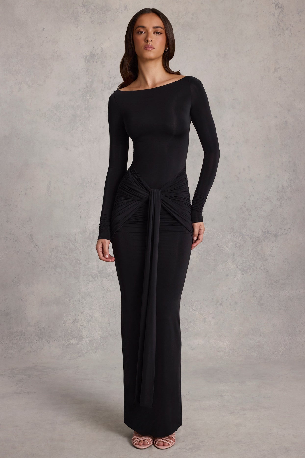 Draped Ruched Maxi Dress in Black