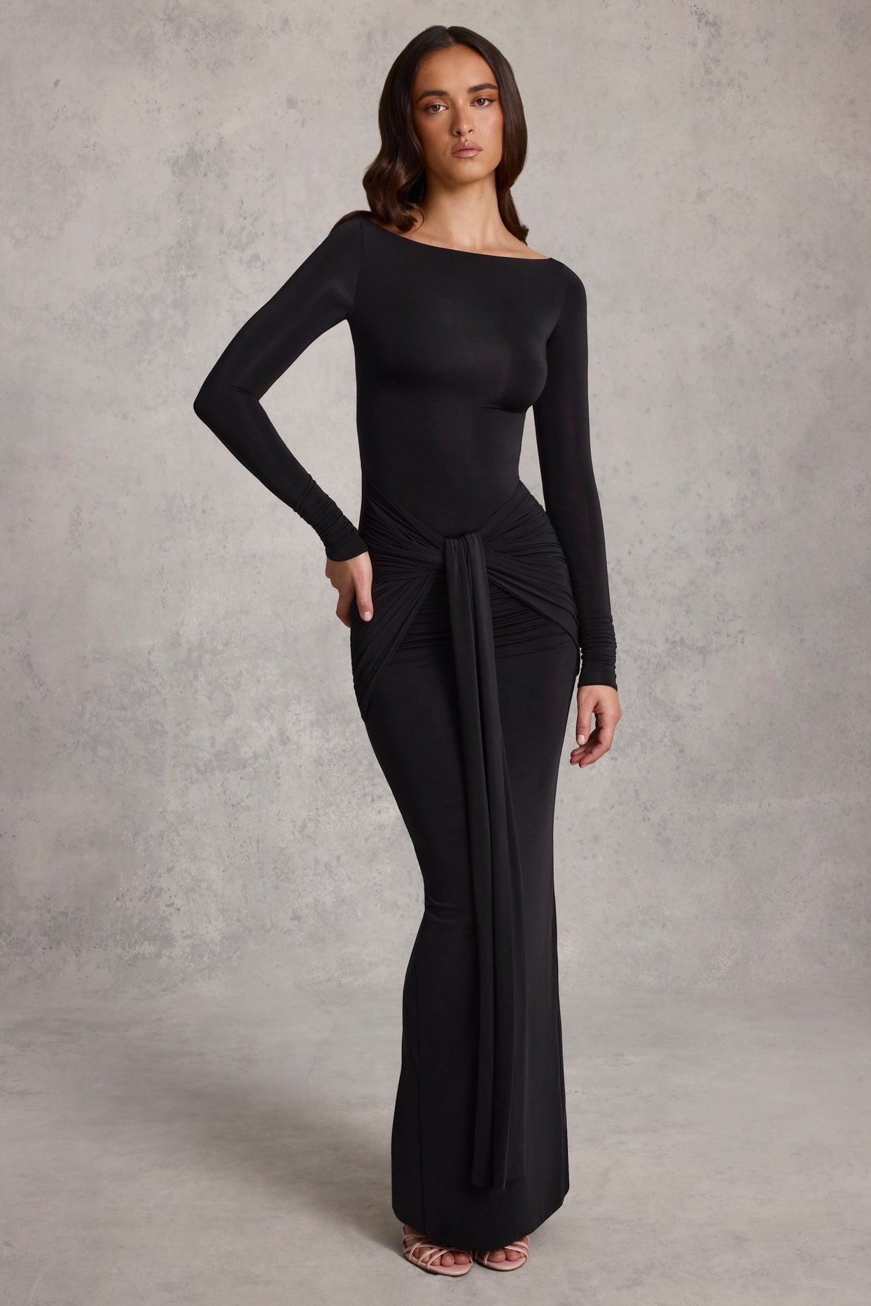 Draped Ruched Maxi Dress in Black