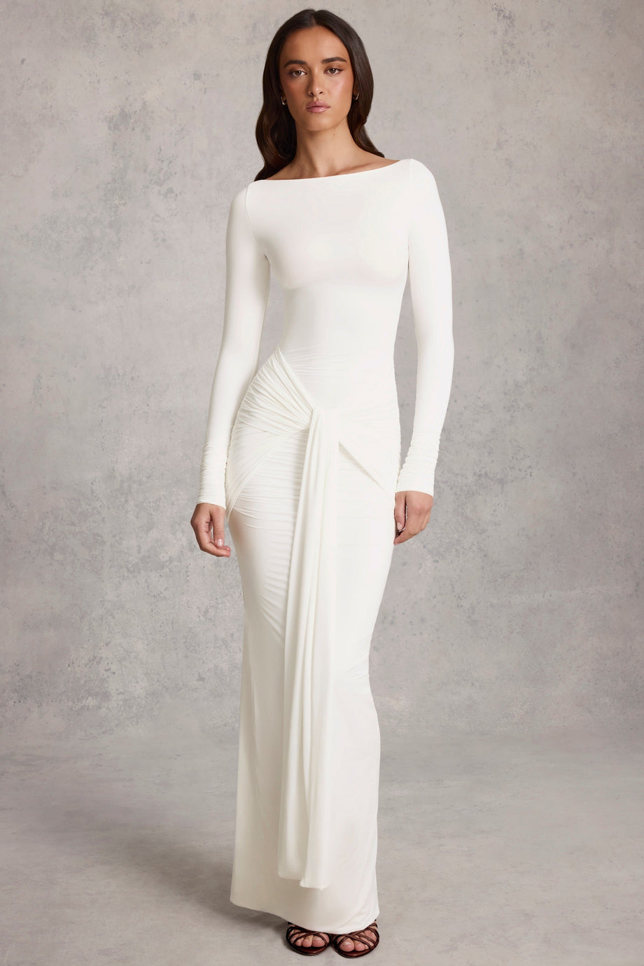 Draped Ruched Maxi Dress in White