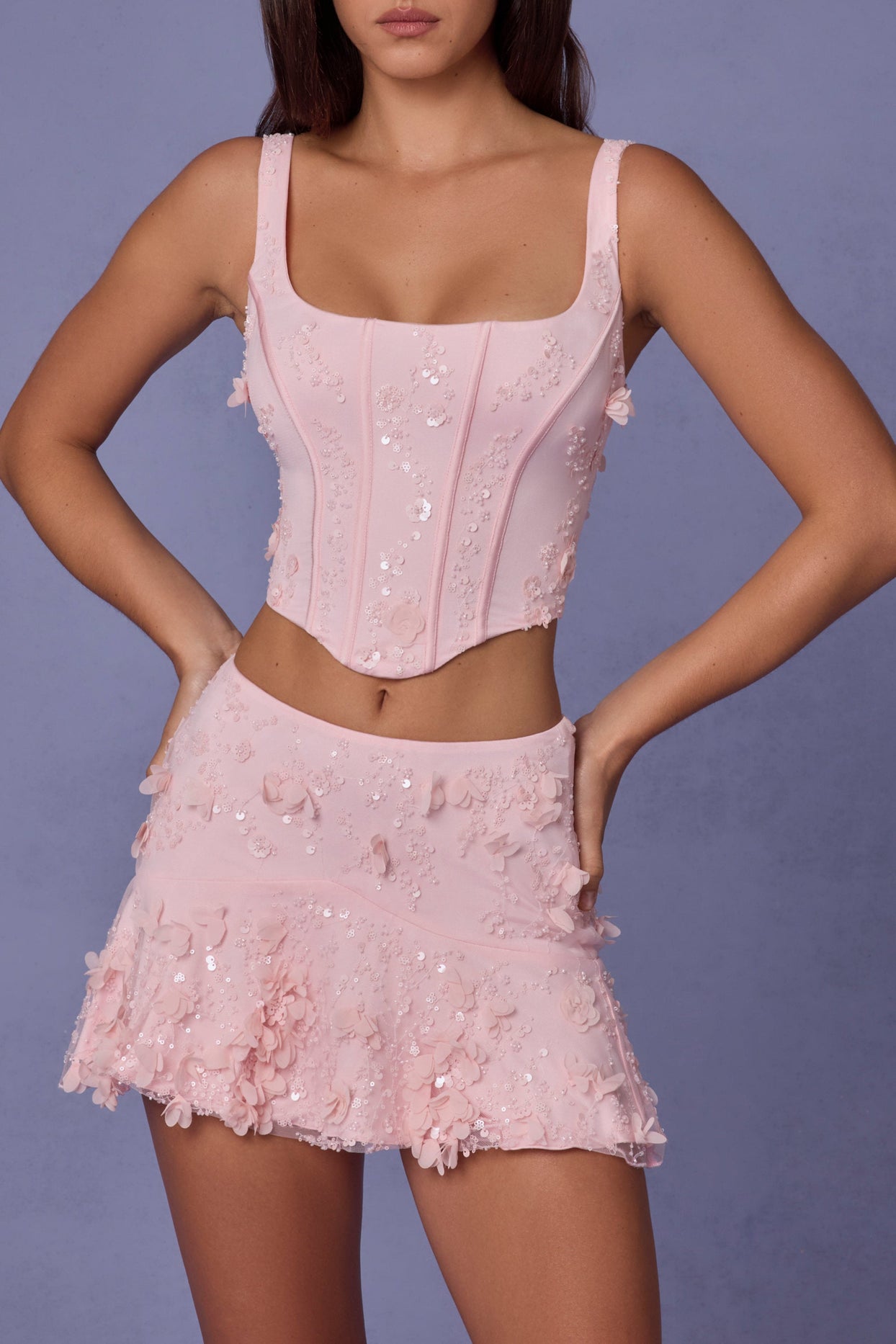 Embellished Mid-Rise A-Line Mini Skirt in Soft Pink