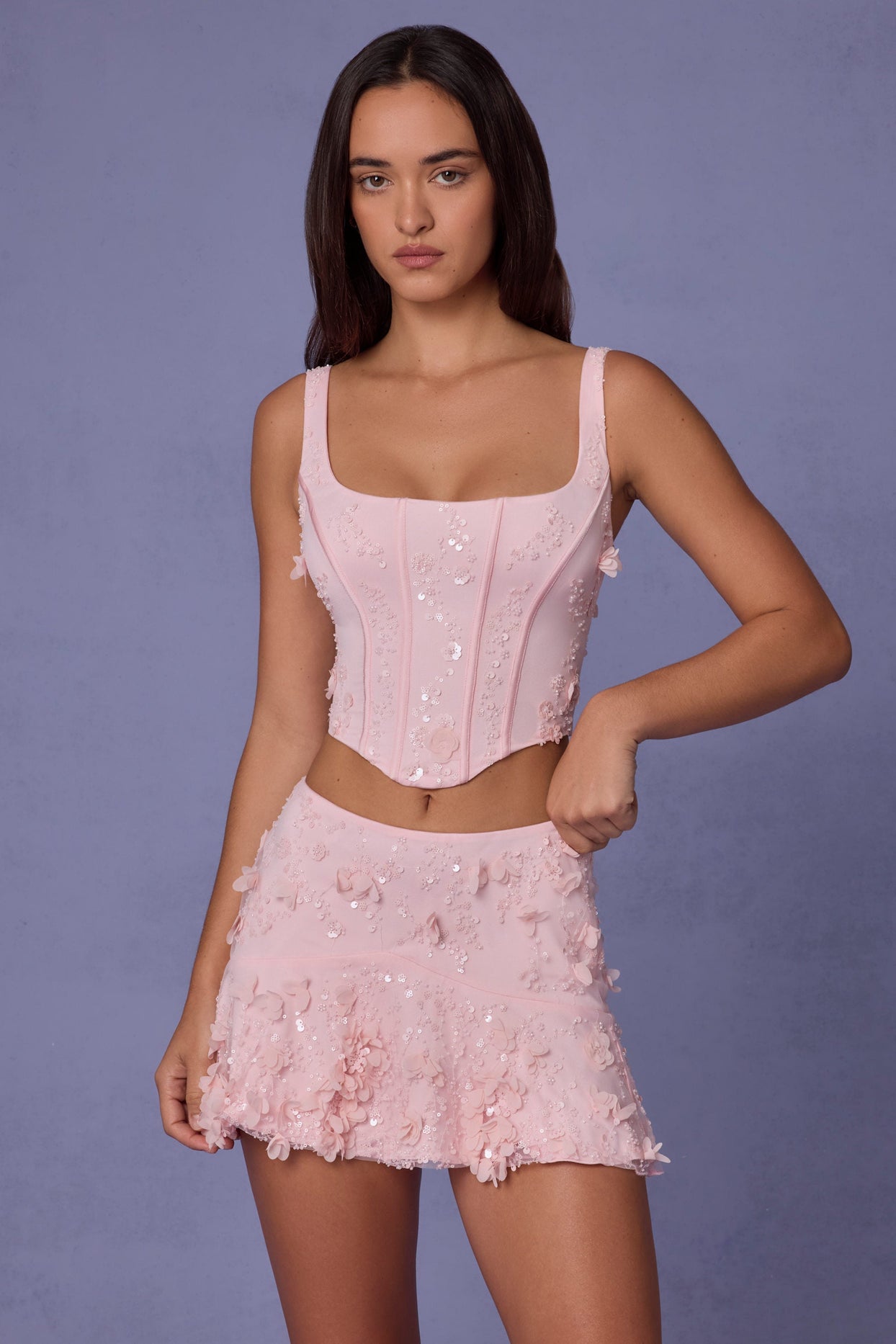 Embellished Mid-Rise A-Line Mini Skirt in Soft Pink