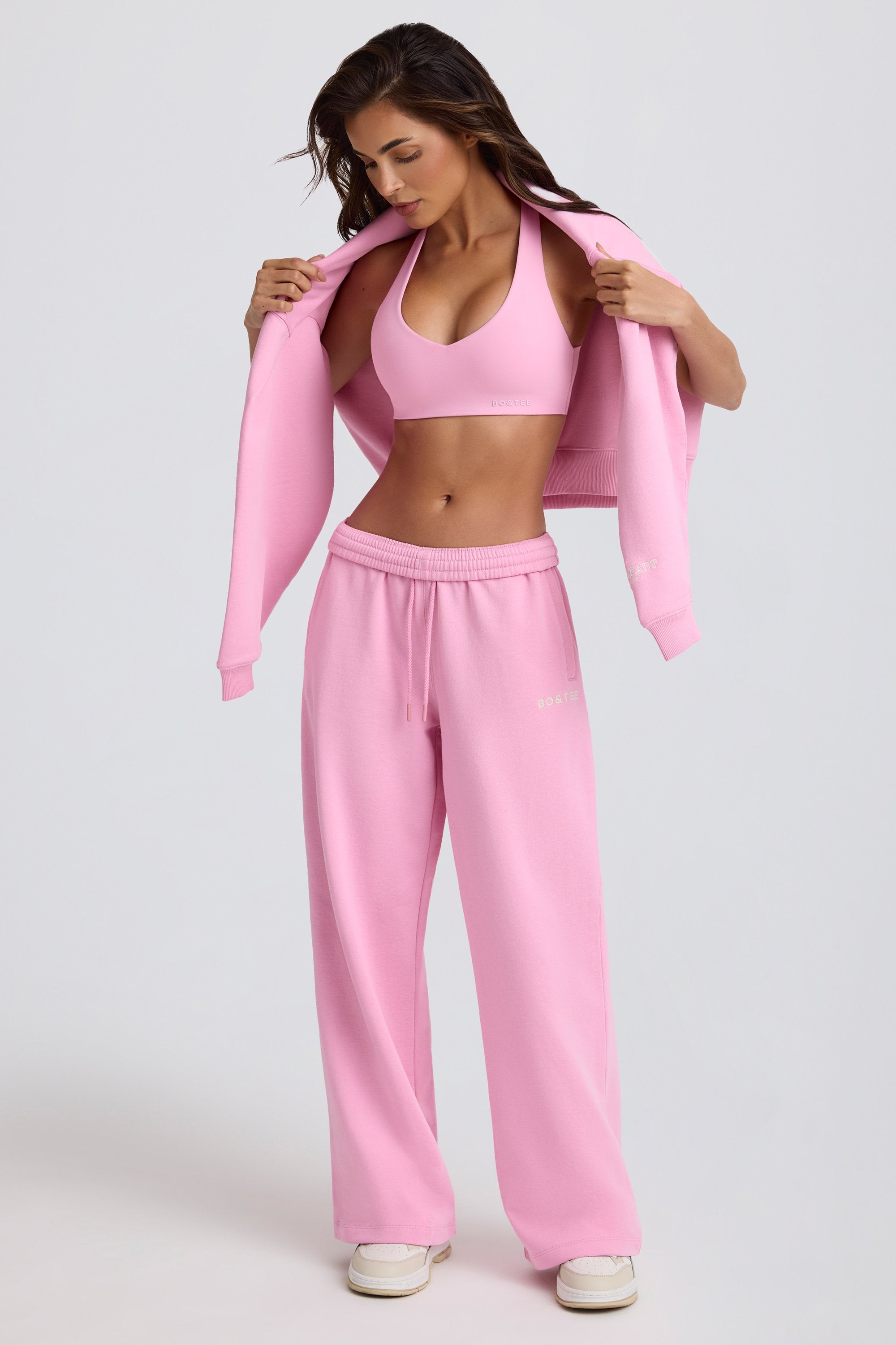 Soft Cotton Jersey Mid-Rise Wide-Leg Joggers in Baby Pink