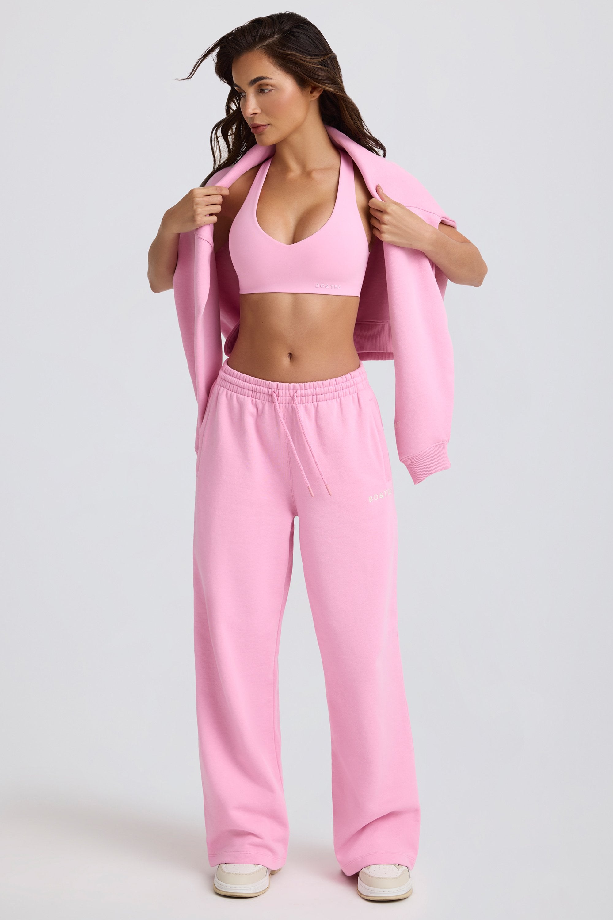 Soft Cotton Jersey Mid-Rise Wide-Leg Joggers in Baby Pink