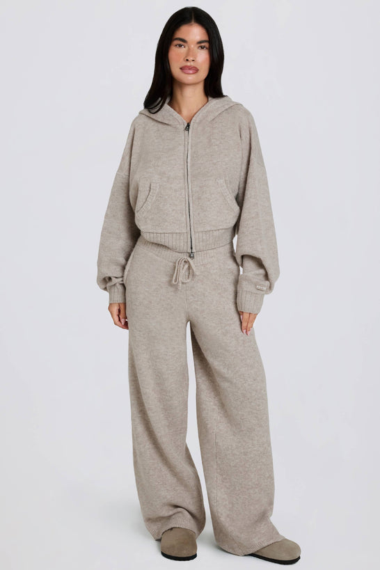 Mid-Rise Wide-Leg Knit Joggers in Beige