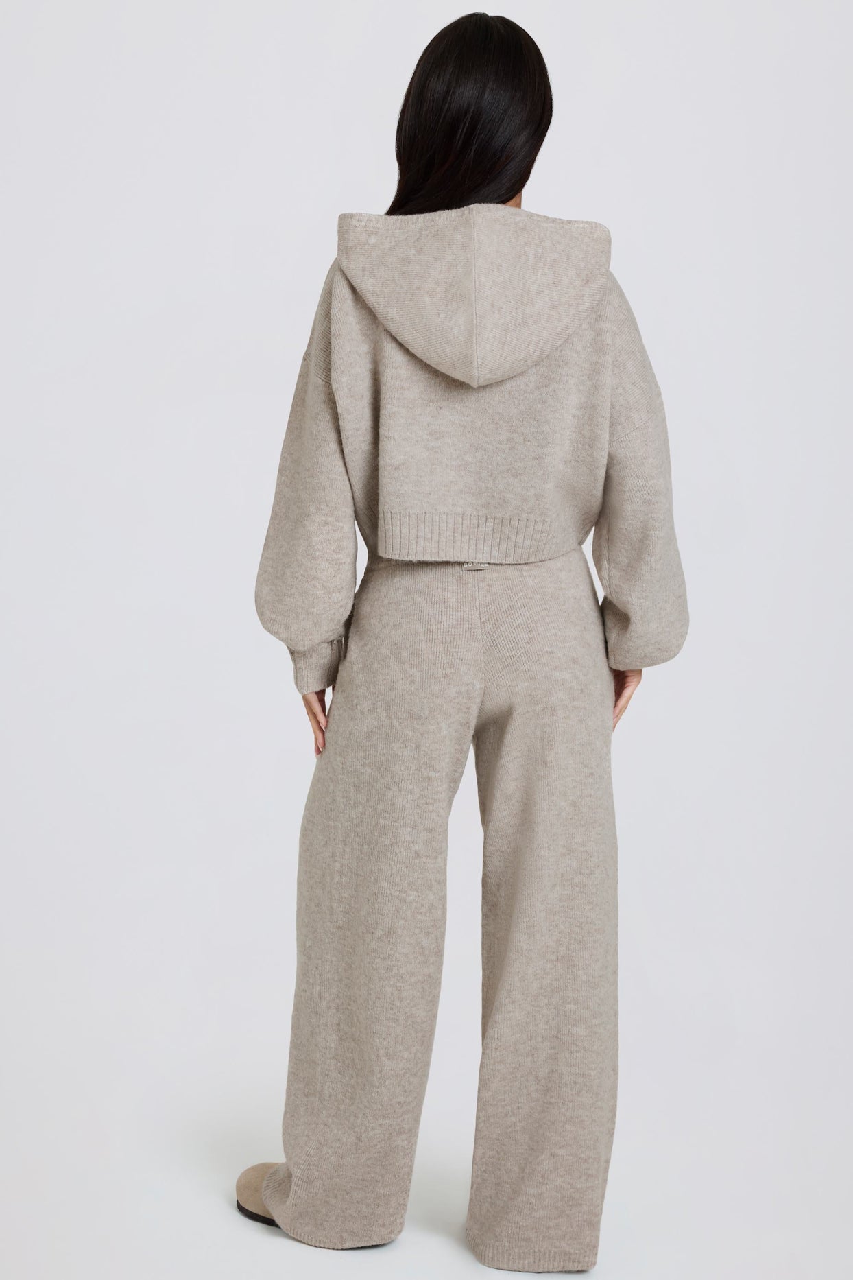 Mid-Rise Wide-Leg Knit Joggers in Beige