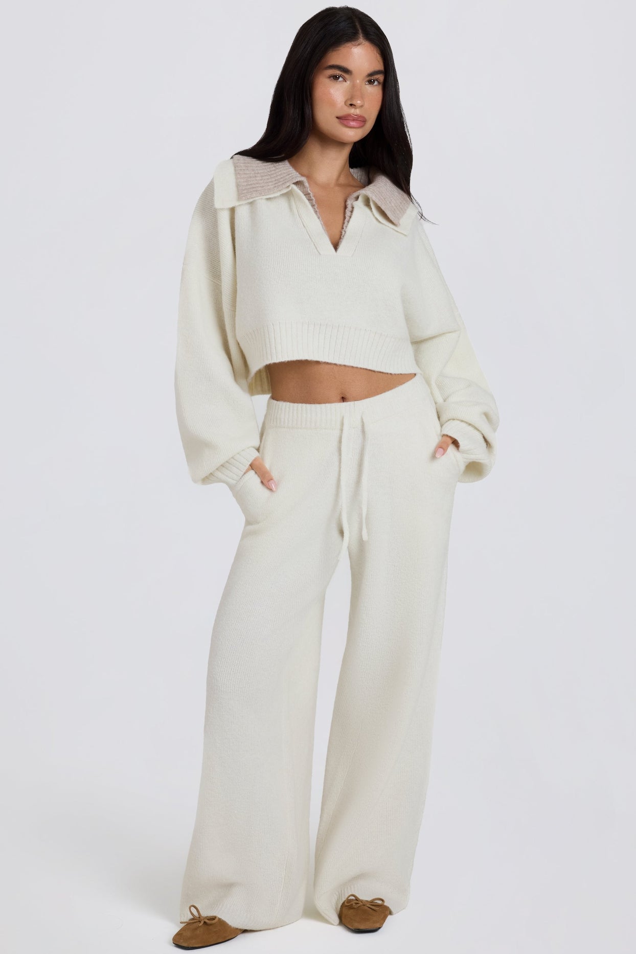 Knit Mid-Rise Wide-Leg Joggers in Ivory