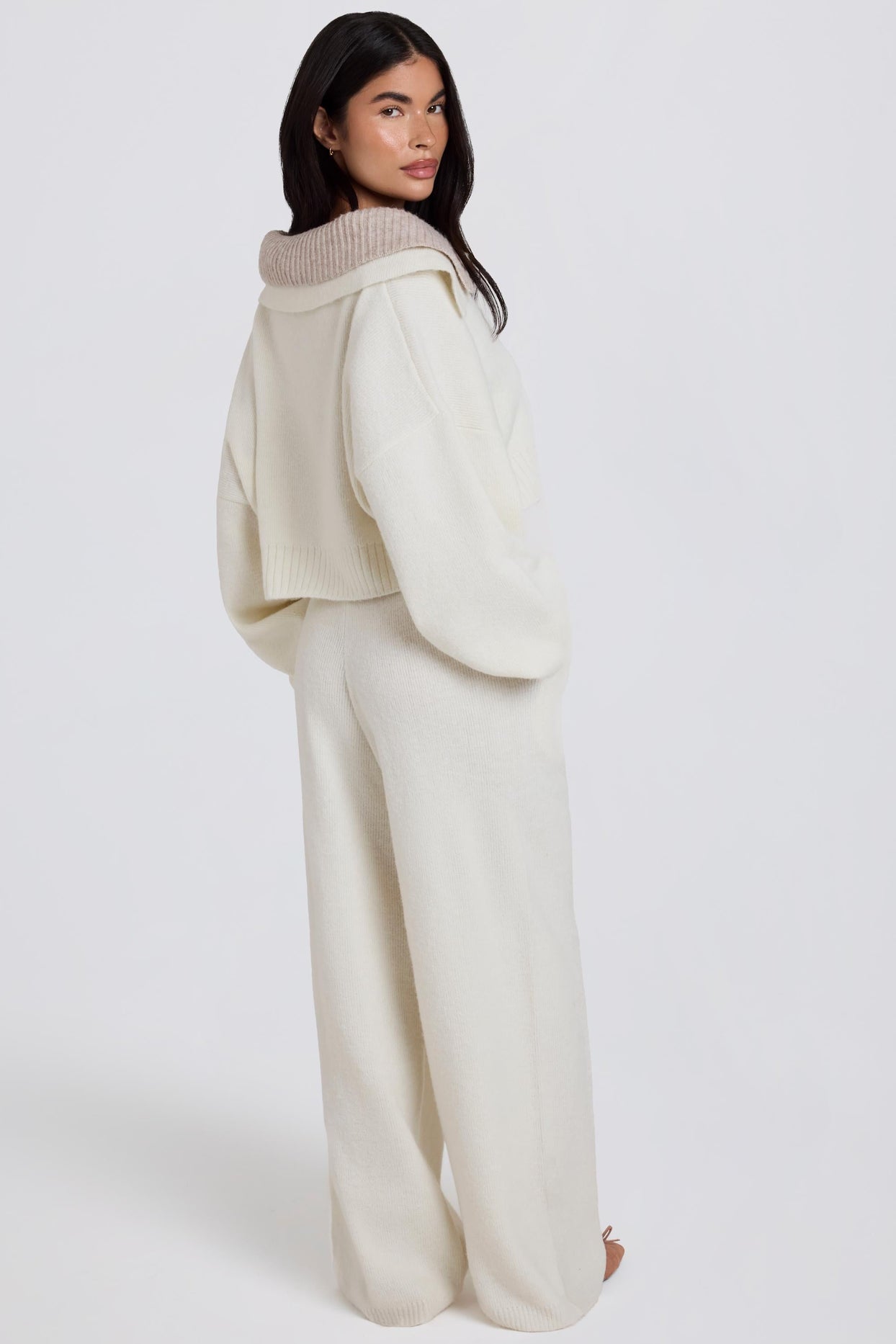 Knit Mid-Rise Wide-Leg Joggers in Ivory