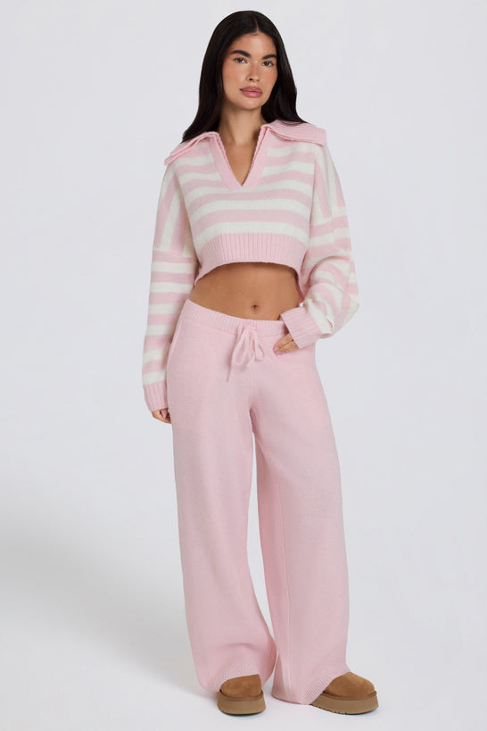 Mid-Rise Wide-Leg Knit Joggers in Soft Pink