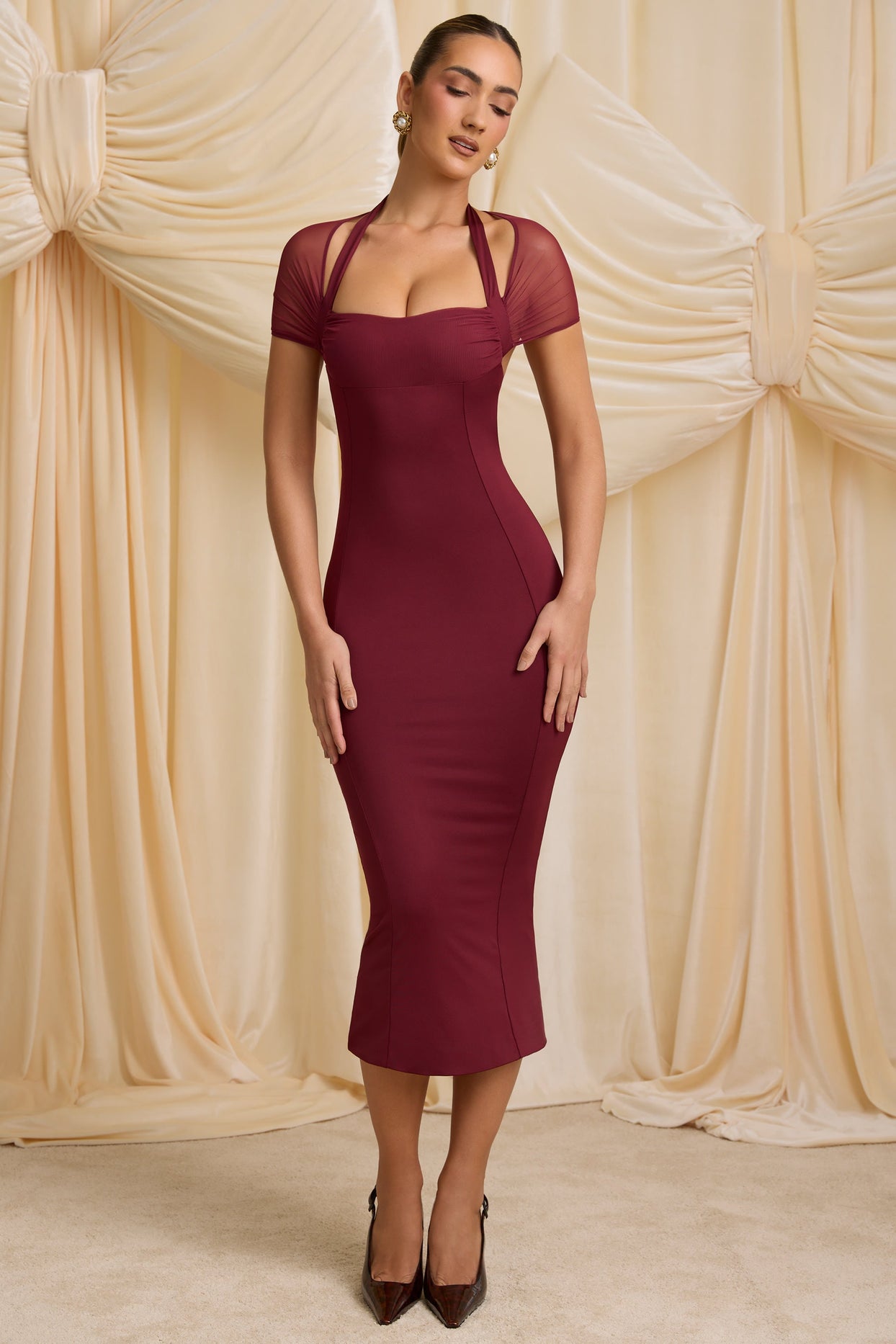 Slinky Jersey Open-Back Midaxi Dress in Wine Red