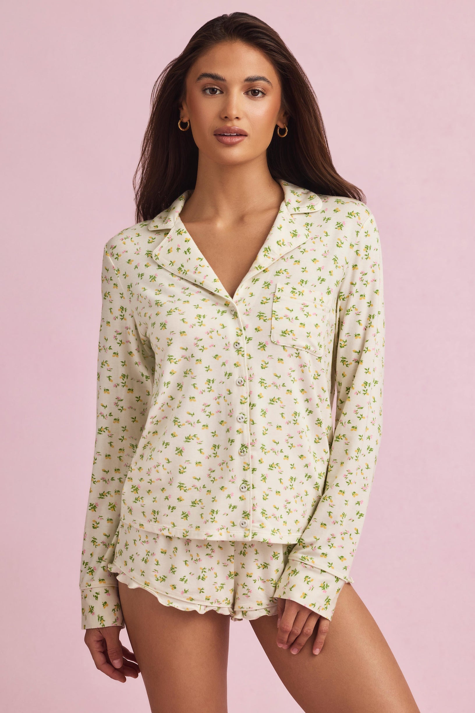 Modal Long-Sleeve Pyjama Top in Lemon Print - 1