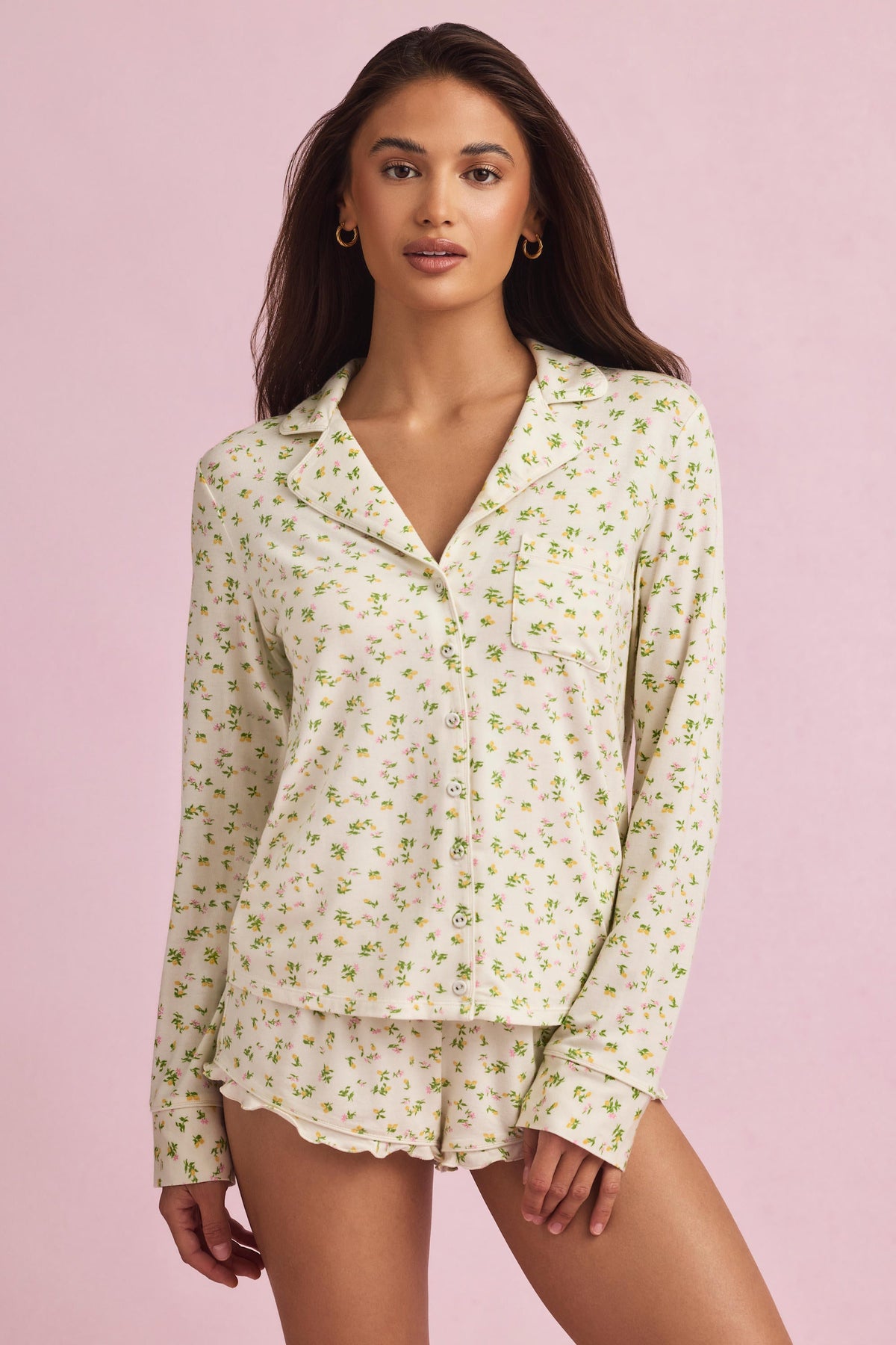 Modal Long-Sleeve Pyjama Top in Lemon Print
