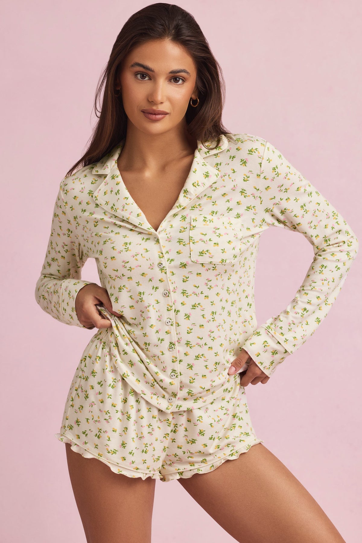 Modal Long-Sleeve Pyjama Top in Lemon Print