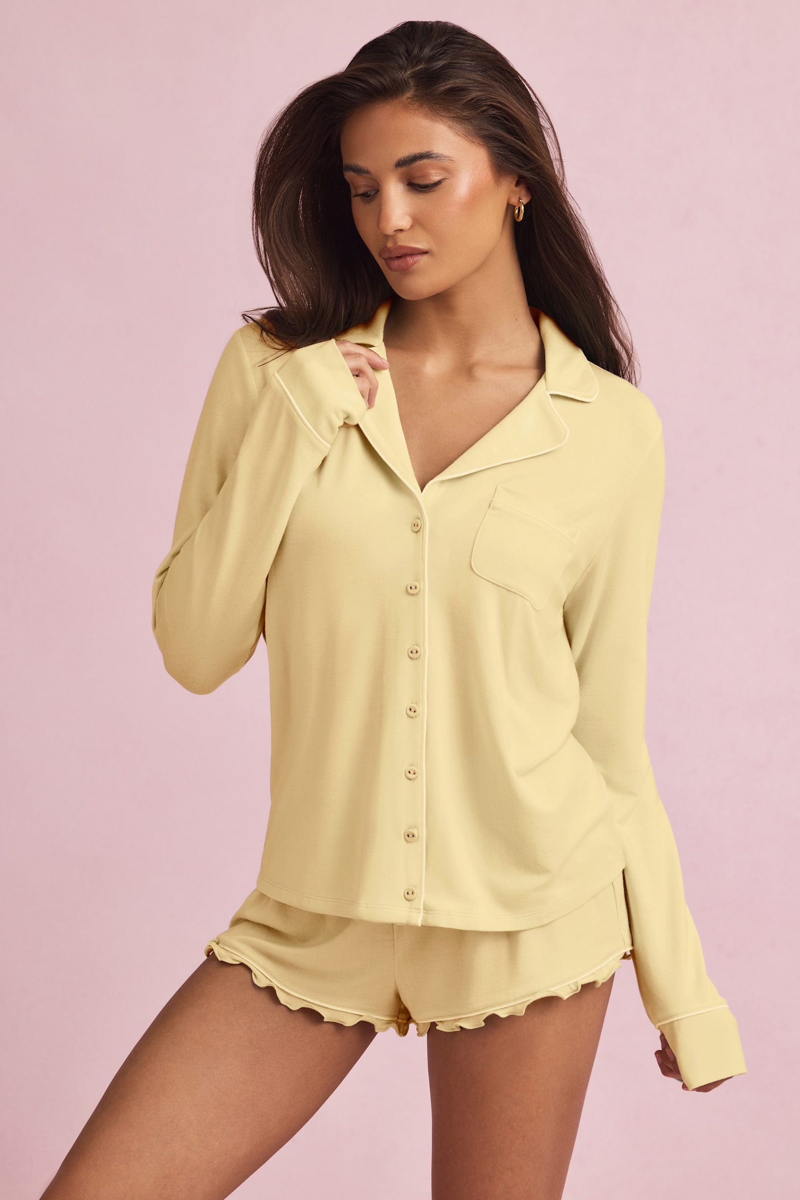 Modal Long-Sleeve Pyjama Top in Pastel Yellow - 1