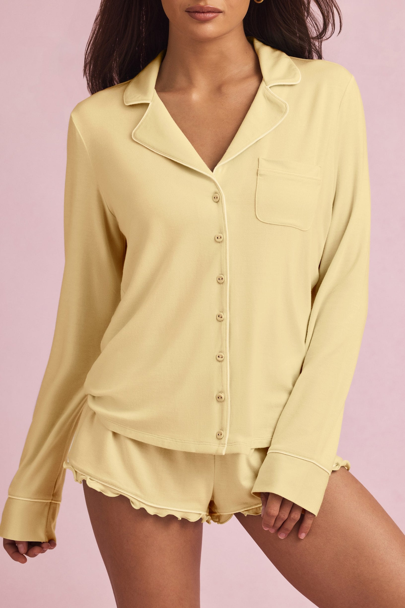 Modal Long-Sleeve Pyjama Top in Pastel Yellow - 2