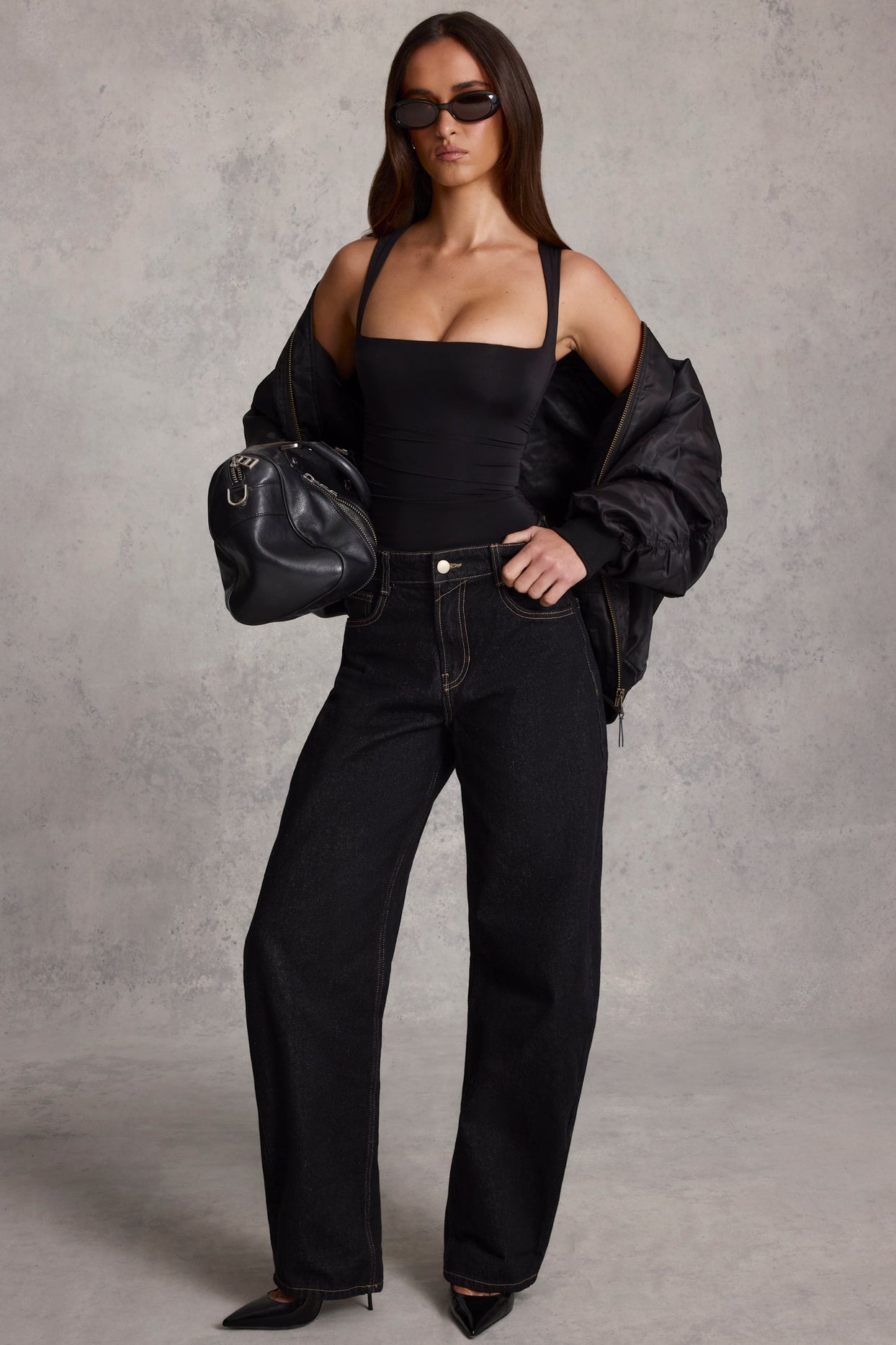 Ruched Square-Neck Top in Black