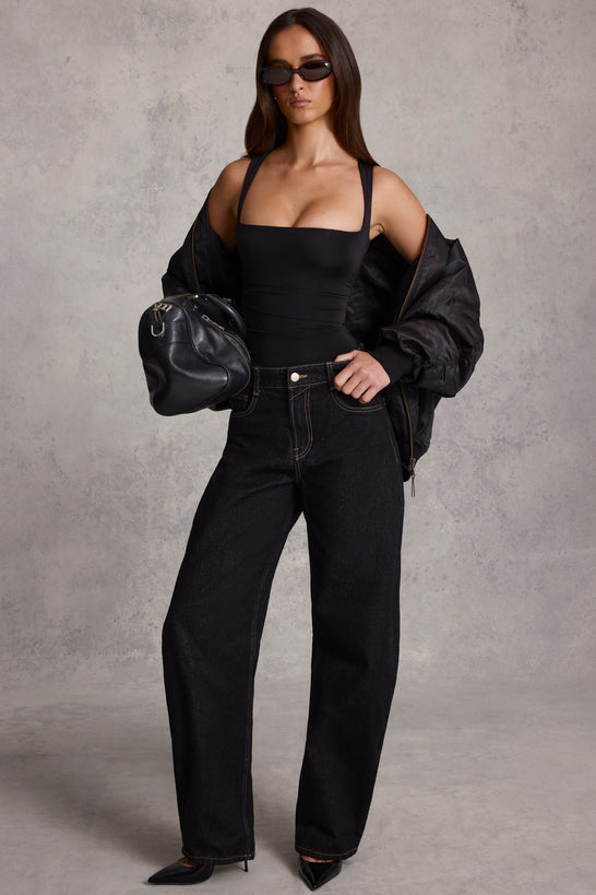 Ruched Square-Neck Top in Black