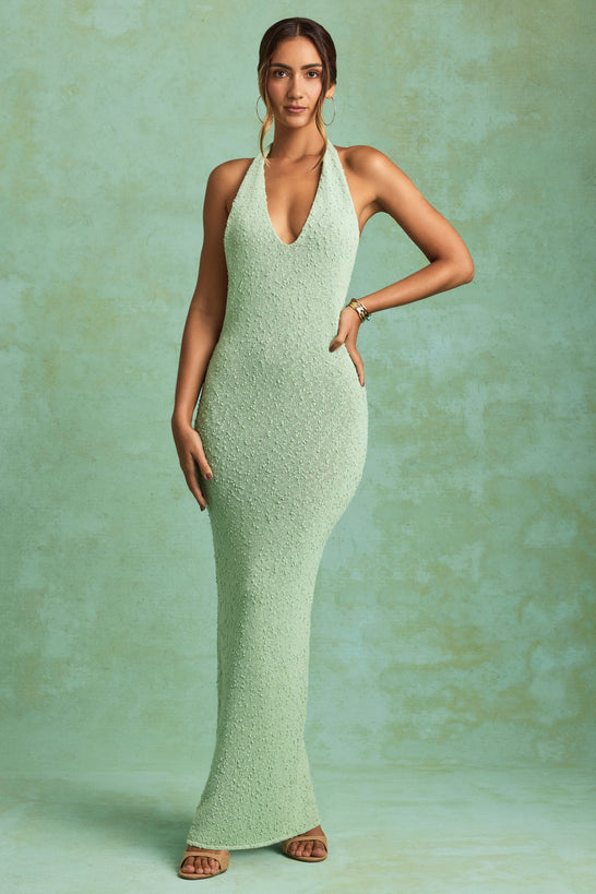 Bouclé Halterneck Maxi Dress in Mint