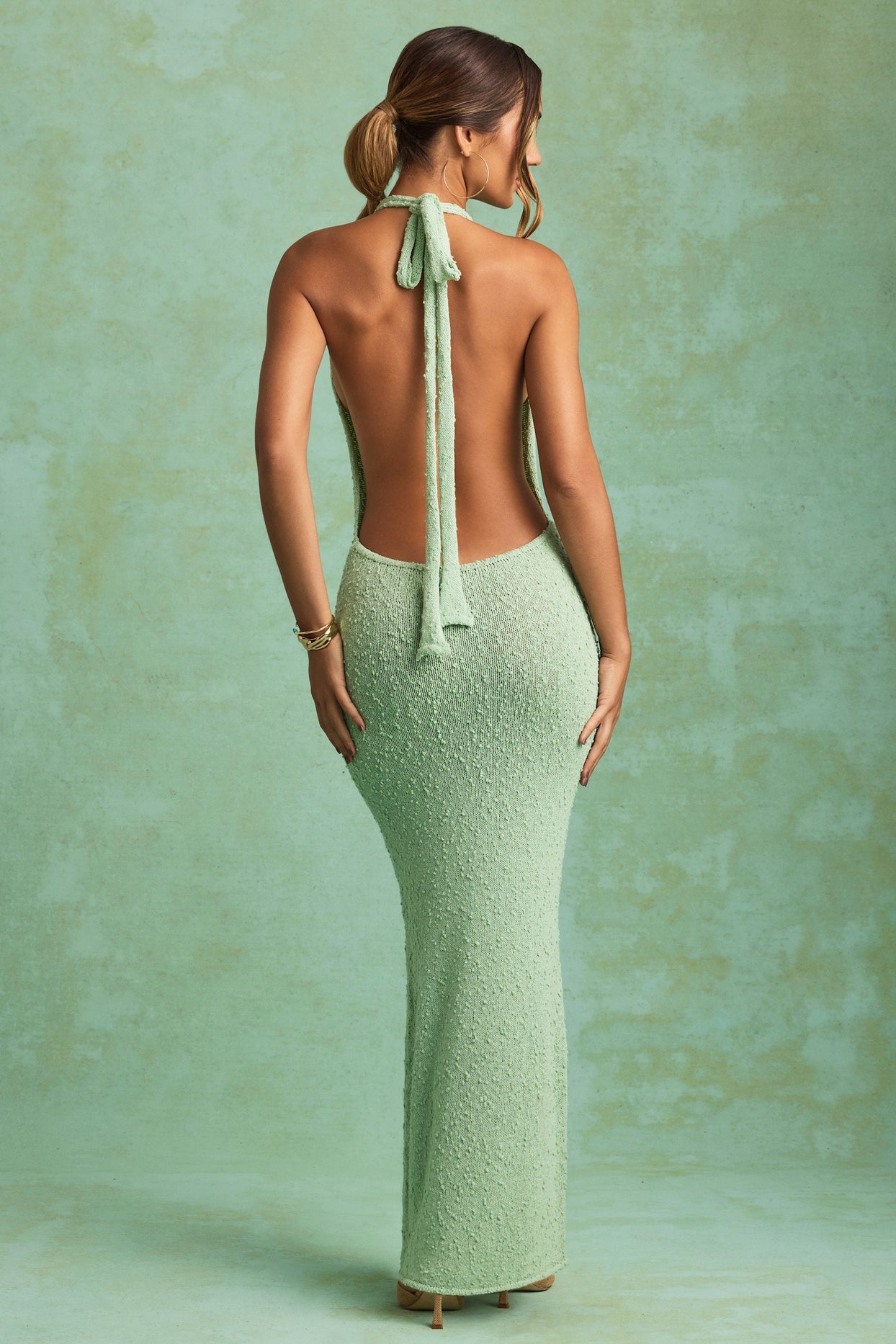 Bouclé Halterneck Maxi Dress in Mint