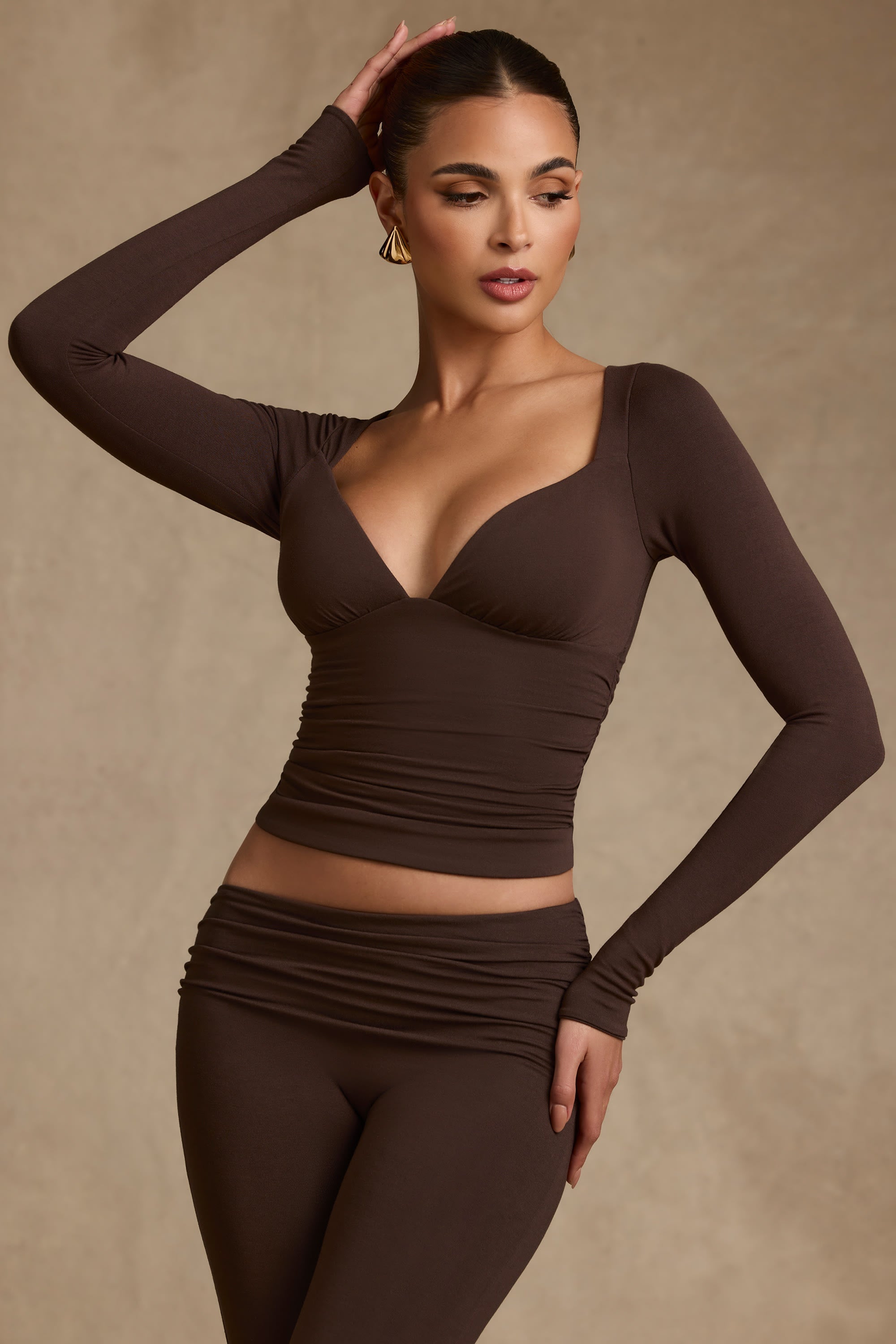Modal Ruched Long-Sleeve Top in Chocolate Brown