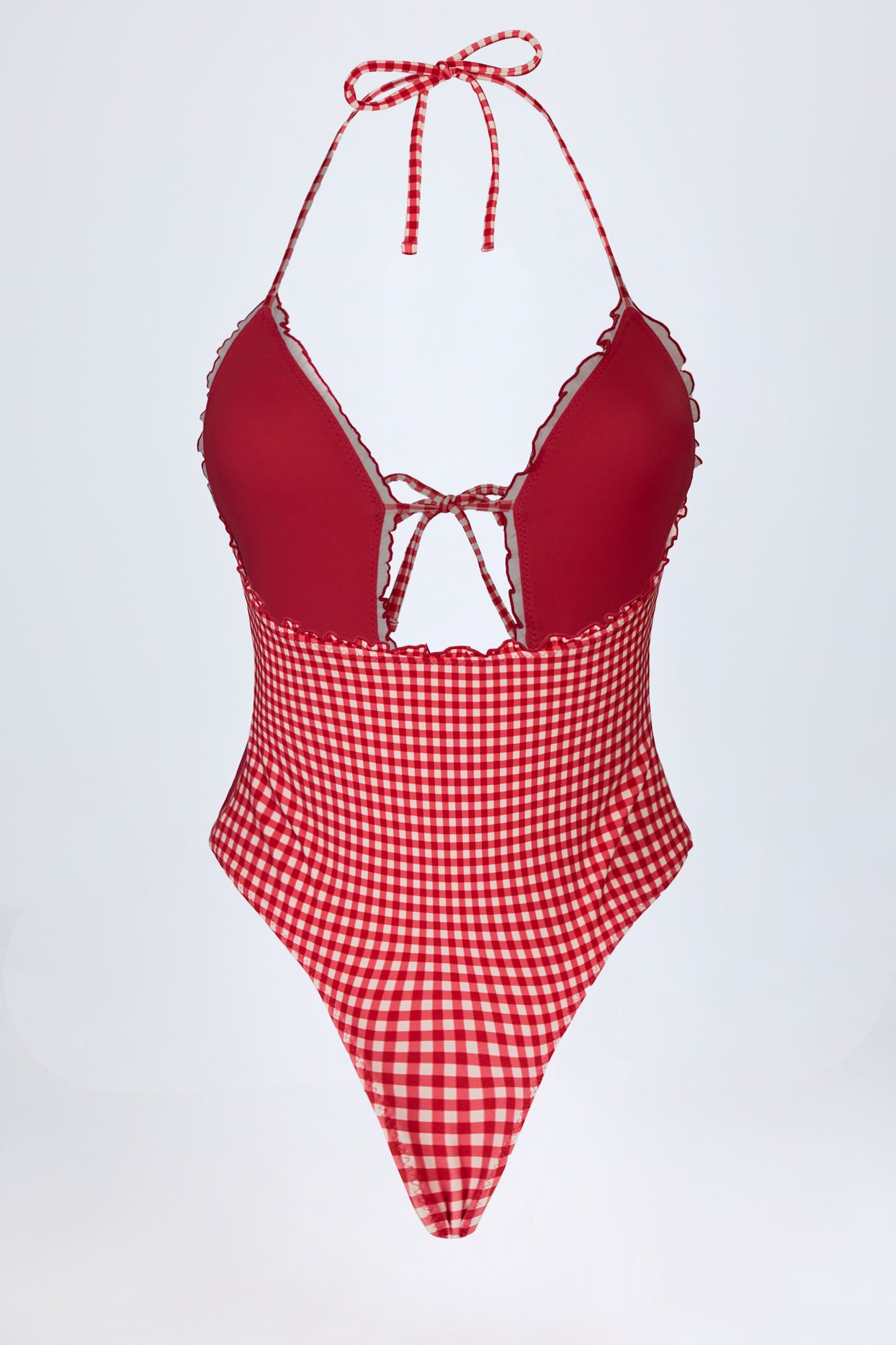 Ruffled Cut-Out Halterneck Swimsuit in Red Gingham