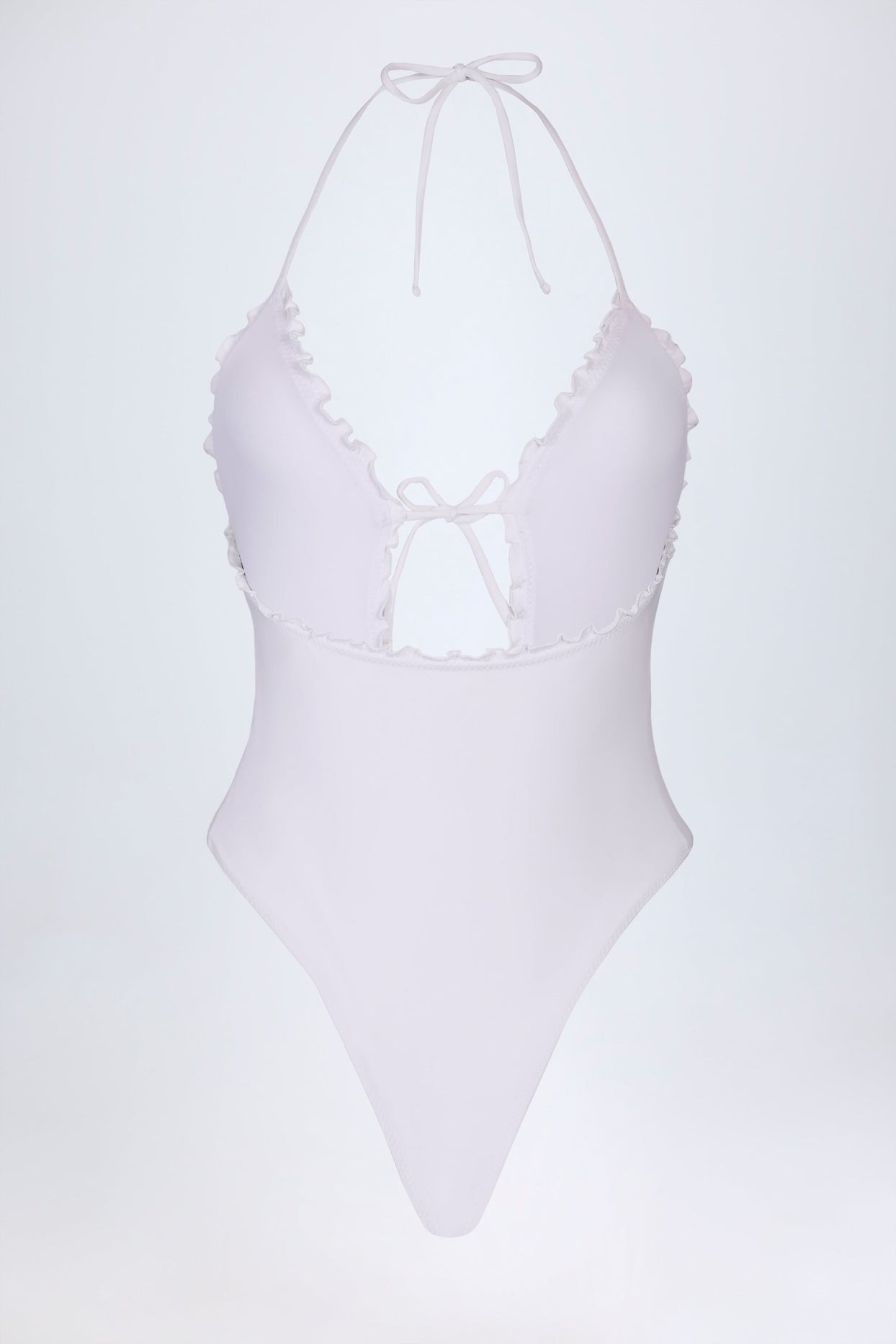 Ruffled Cut-Out Halterneck Swimsuit in White