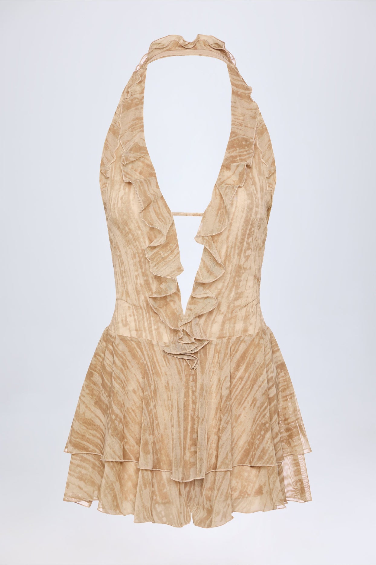 Ruffled Plunge Halterneck Playsuit in Tan Print