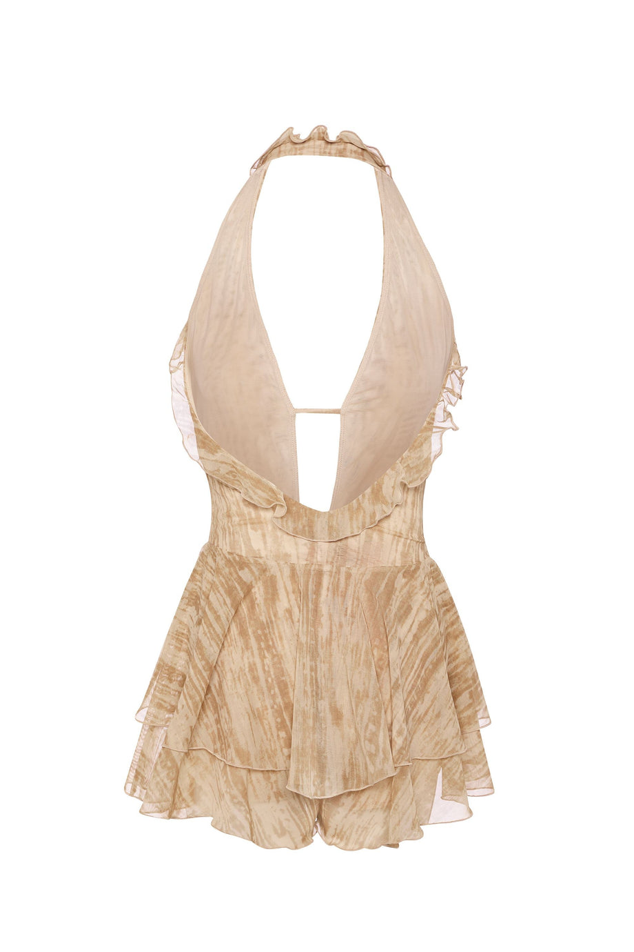 Ruffled Plunge Halterneck Playsuit in Tan Print