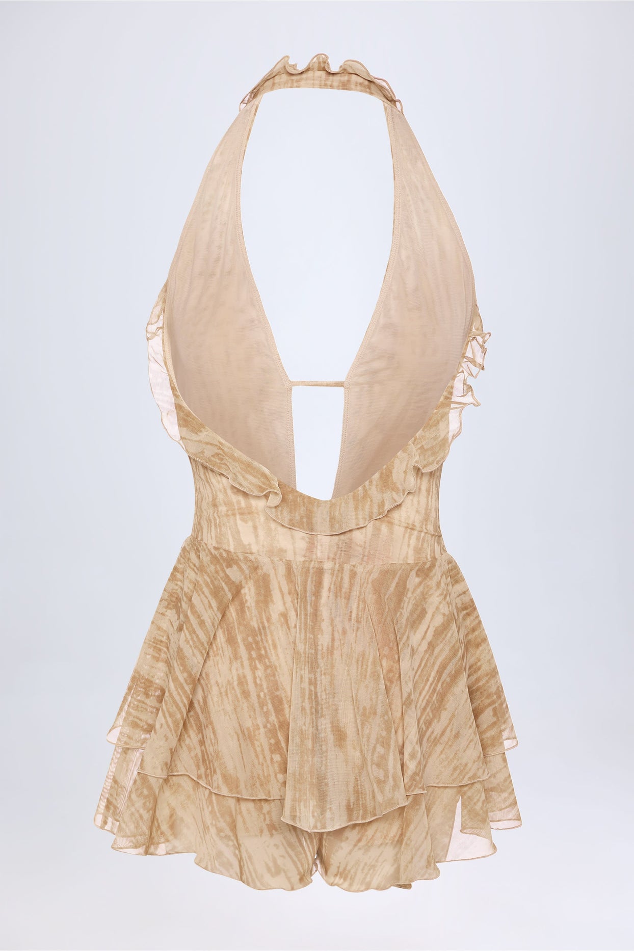 Ruffled Plunge Halterneck Playsuit in Tan Print