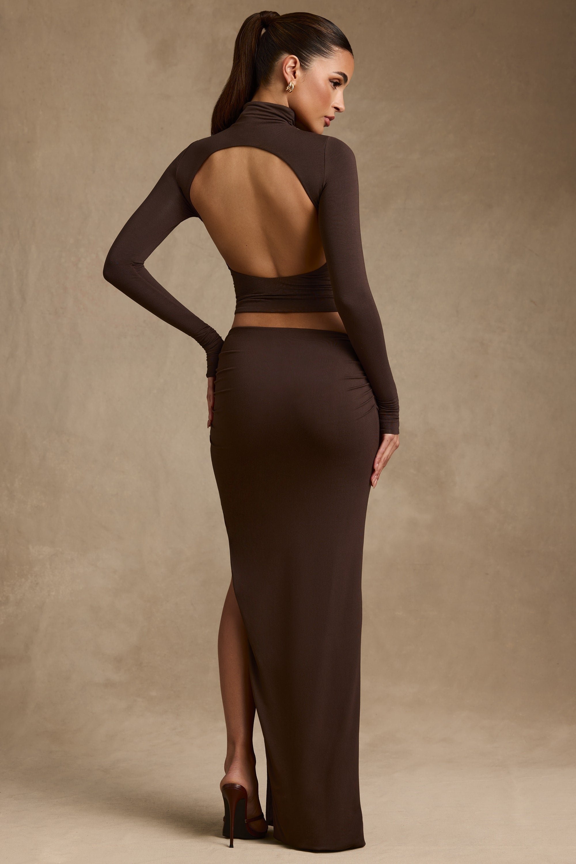 Modal Asymmetric-Waist Maxi Skirt in Chocolate Brown