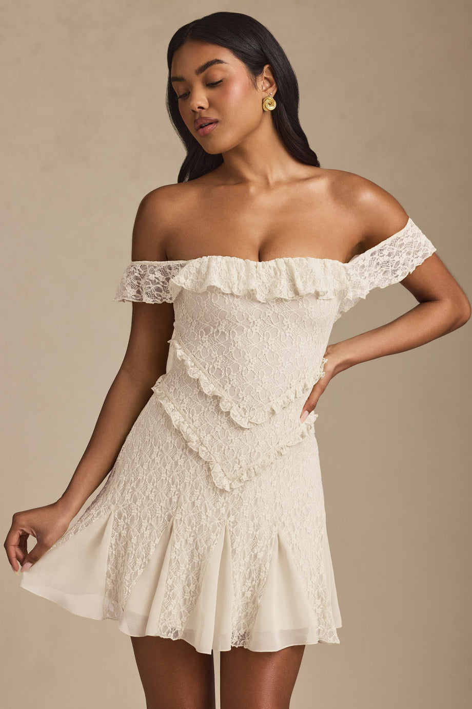 Off-Shoulder Lace A-Line Mini Dress in Ivory