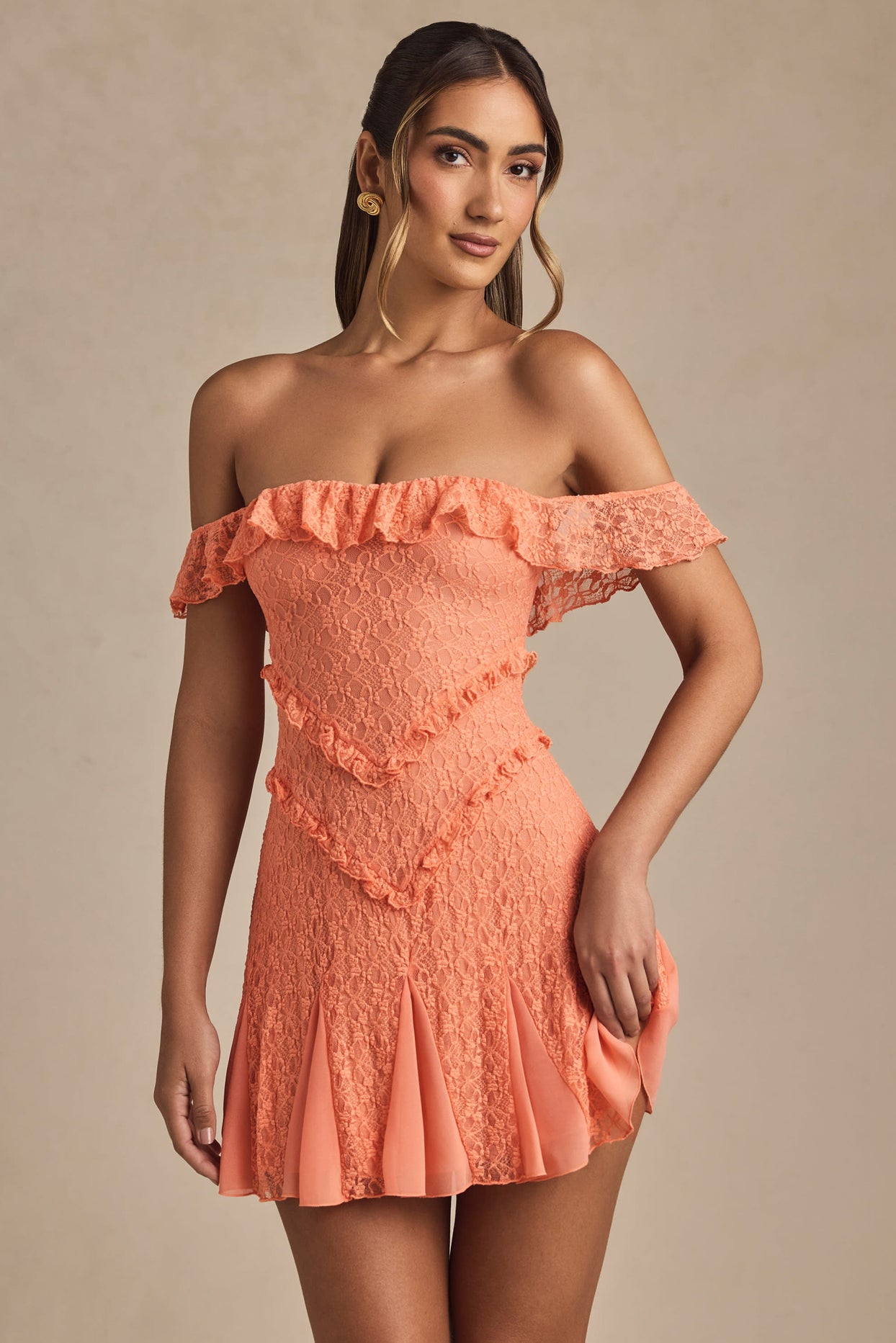 Off-Shoulder Lace A-Line Mini Dress in Peach