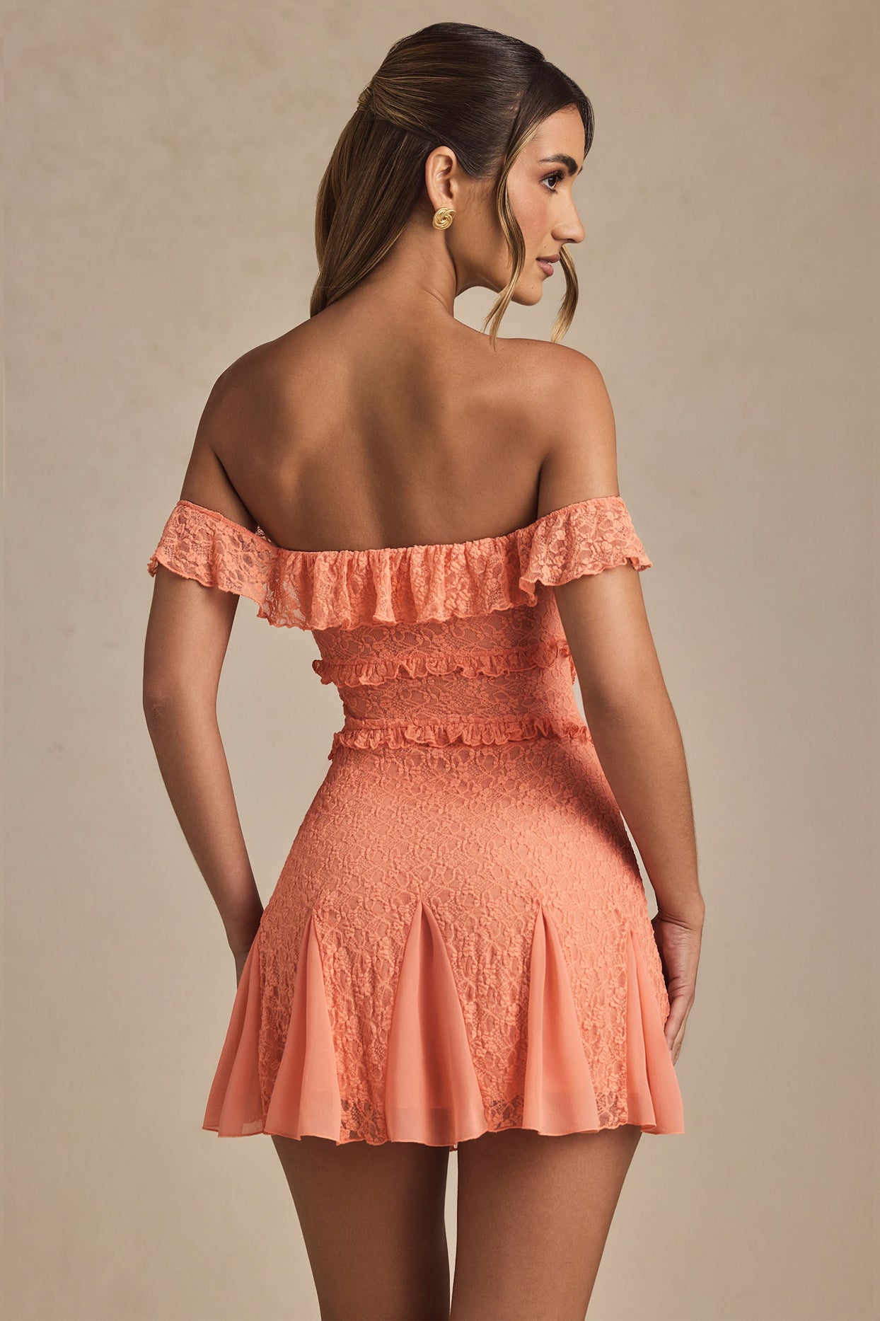 Off-Shoulder Lace A-Line Mini Dress in Peach