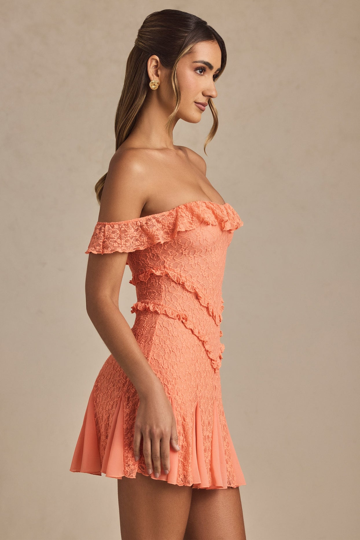 Off-Shoulder Lace A-Line Mini Dress in Peach