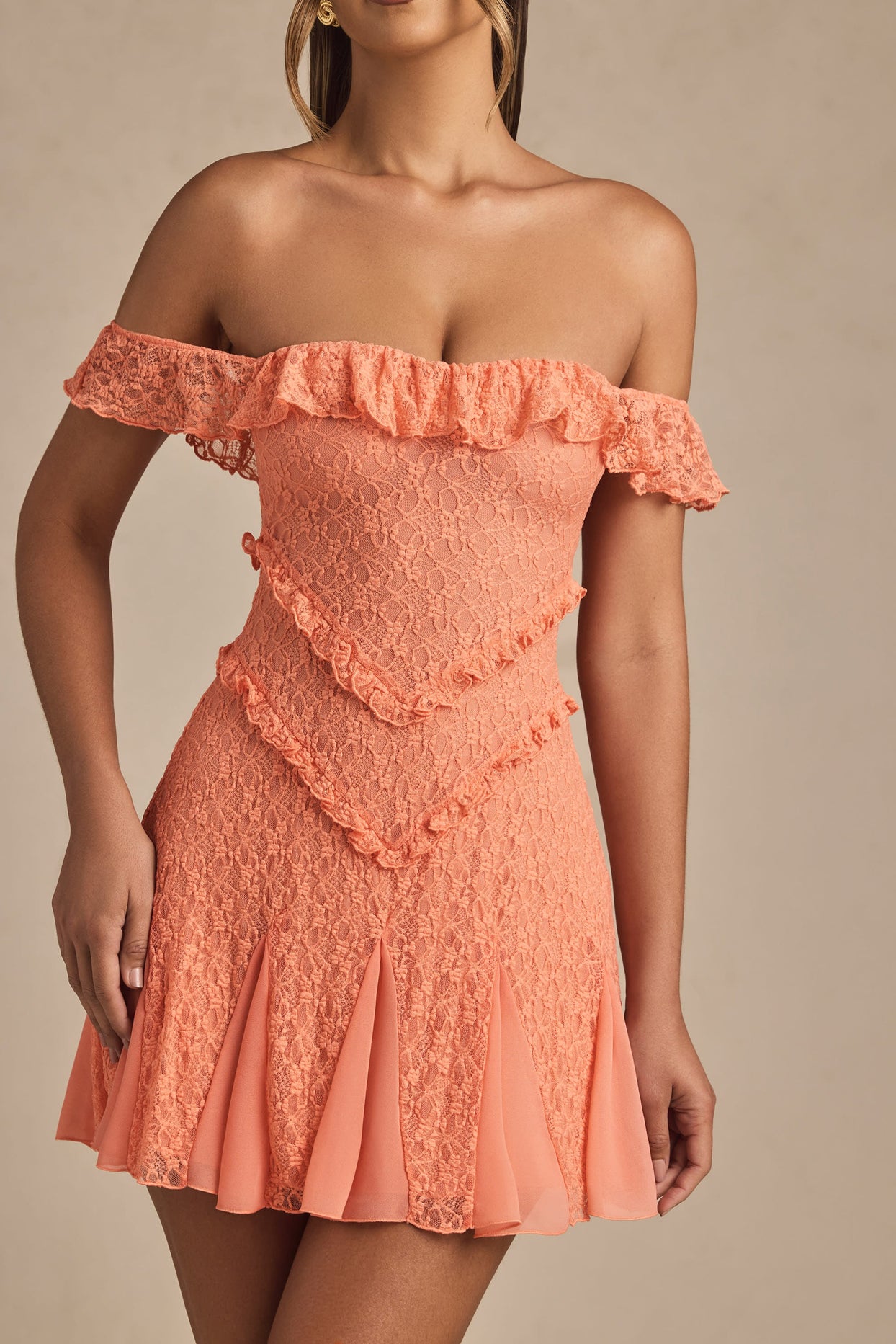 Off-Shoulder Lace A-Line Mini Dress in Peach