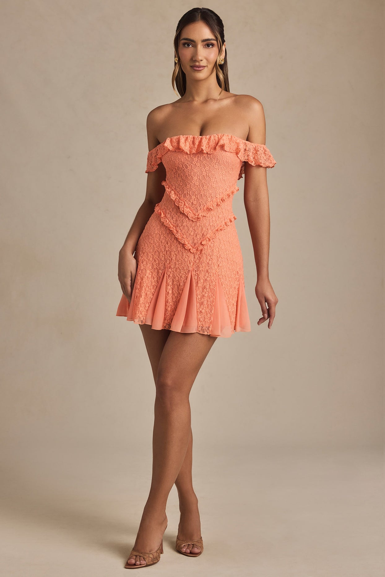 Off-Shoulder Lace A-Line Mini Dress in Peach