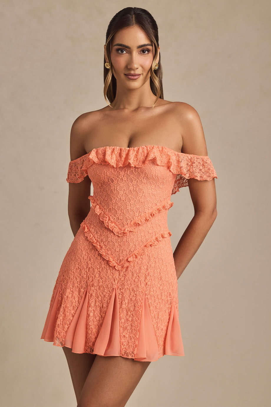 Off-Shoulder Lace A-Line Mini Dress in Peach