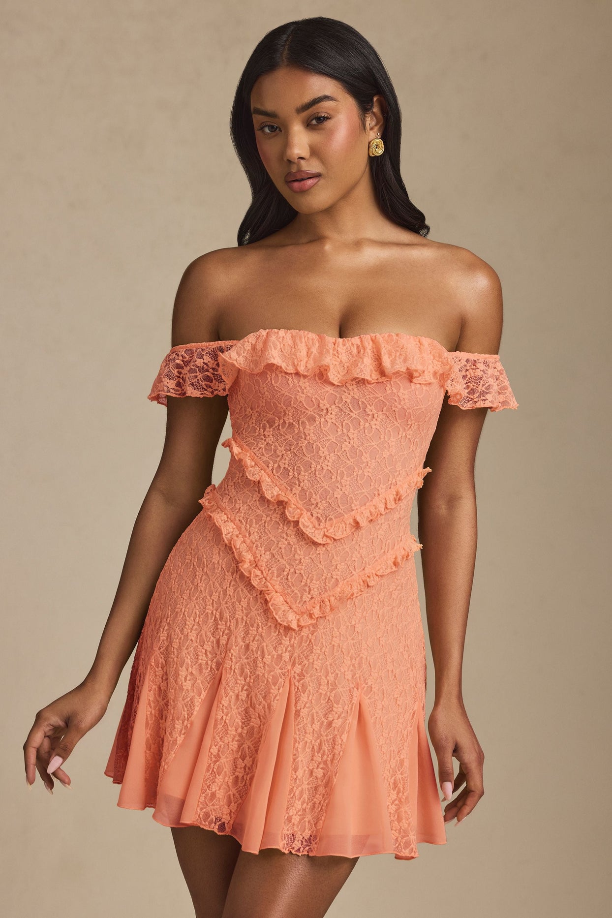 Off-Shoulder Lace A-Line Mini Dress in Peach