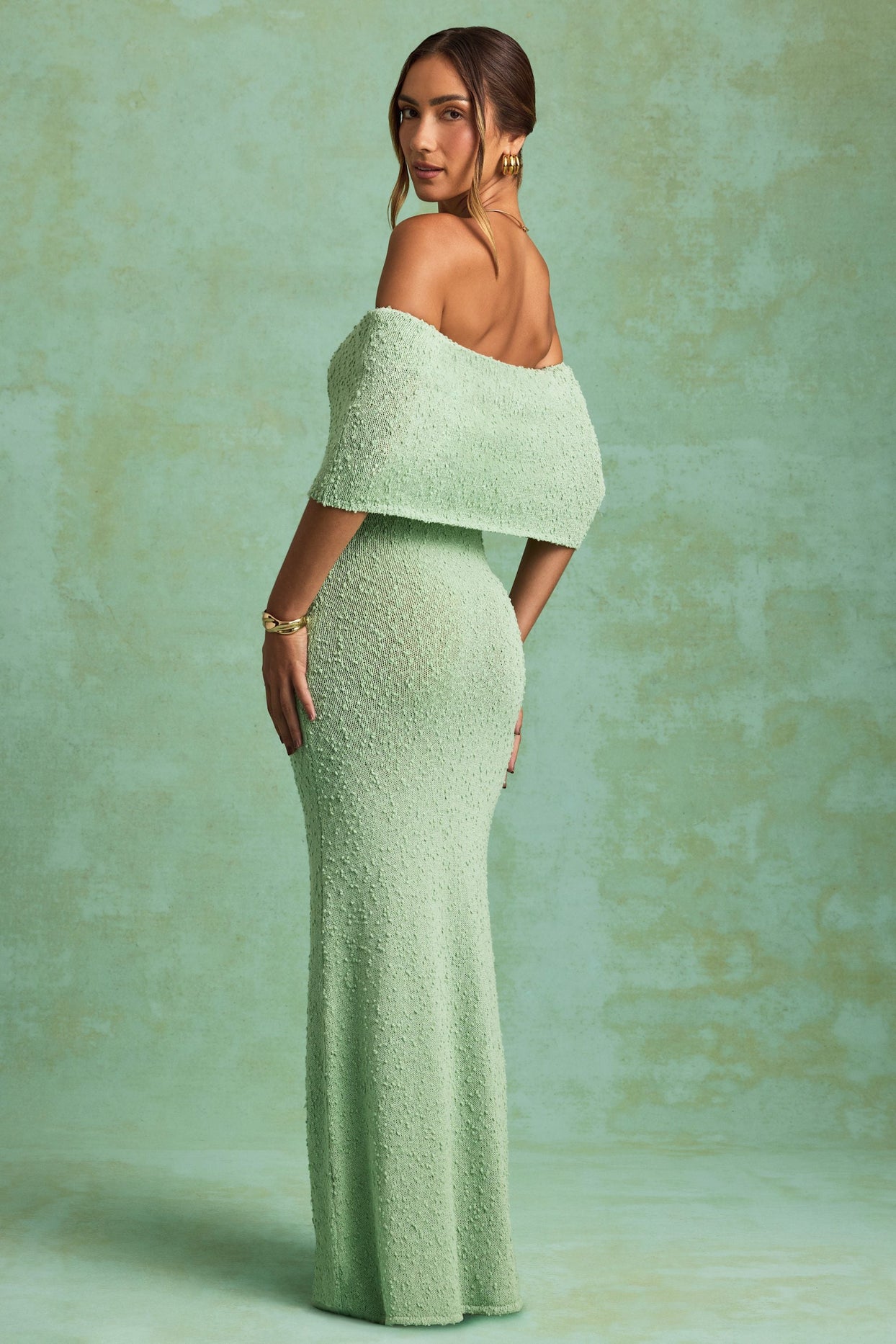 Bouclé Off-Shoulder Maxi Dress in Mint
