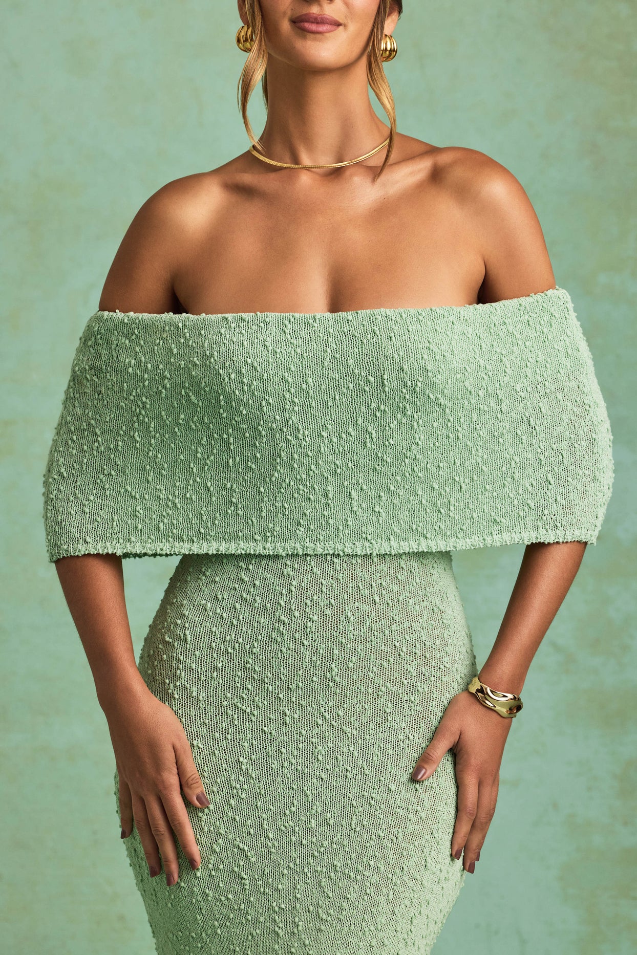 Bouclé Off-Shoulder Maxi Dress in Mint