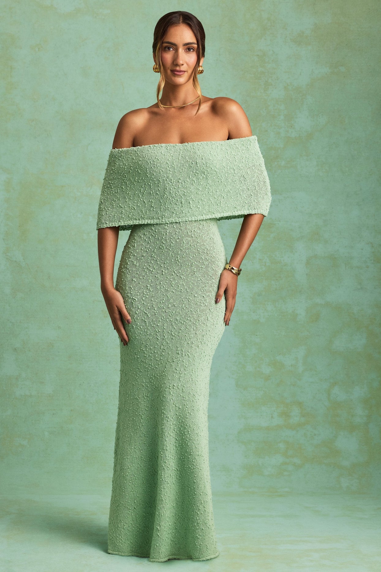 Bouclé Off-Shoulder Maxi Dress in Mint
