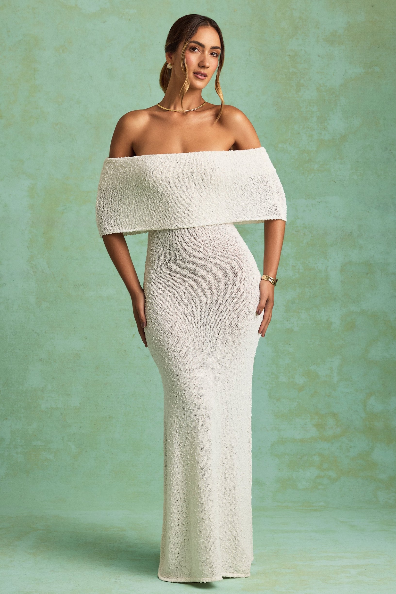 Bouclé Off-Shoulder Maxi Dress in White - 1