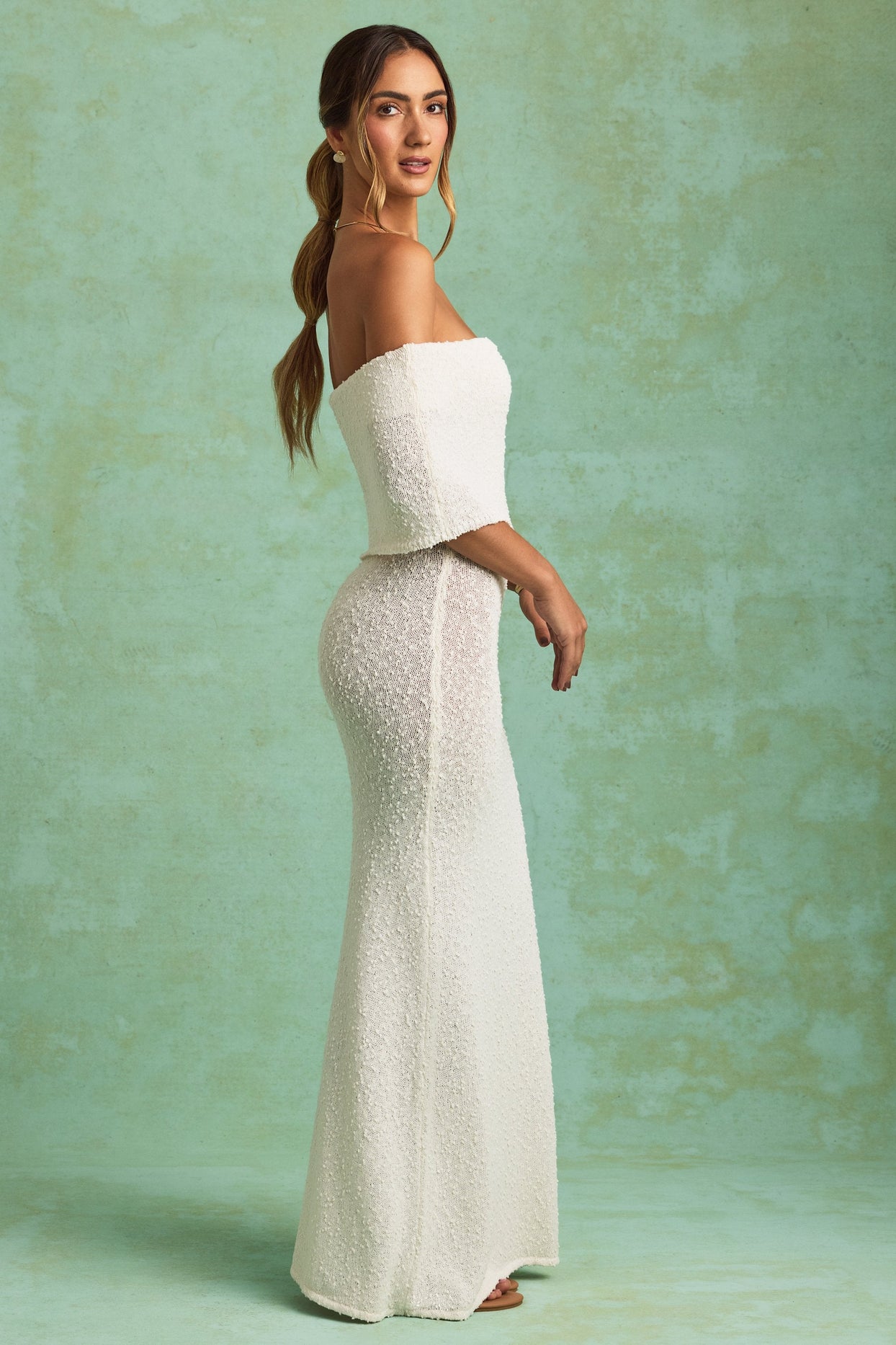 Bouclé Off-Shoulder Maxi Dress in White