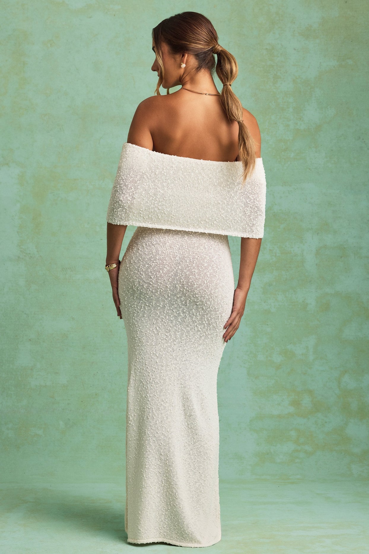 Bouclé Off-Shoulder Maxi Dress in White
