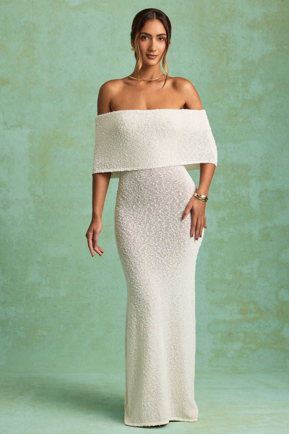 Bouclé Off-Shoulder Maxi Dress in White