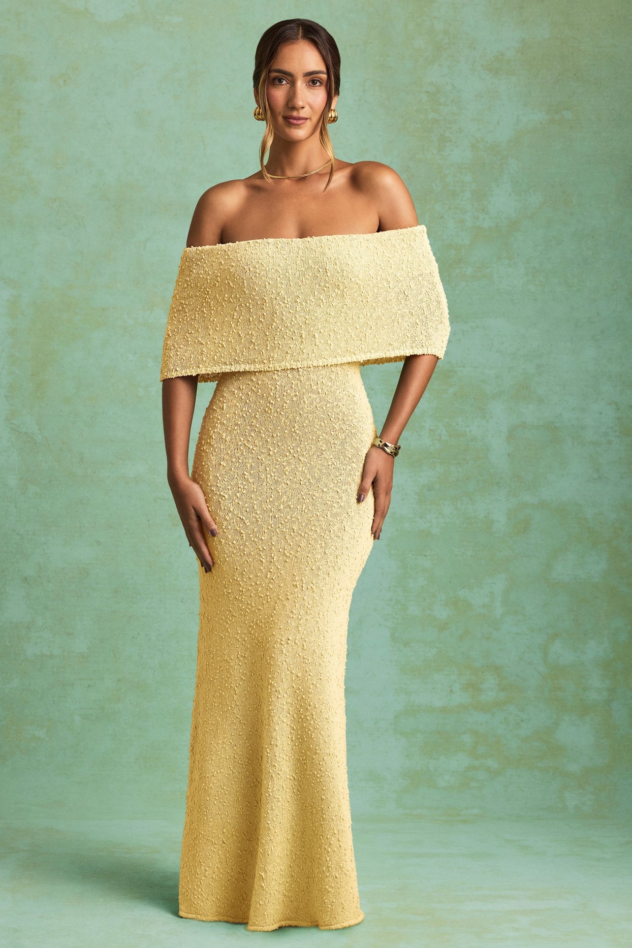 Bouclé Off-Shoulder Maxi Dress in Yellow
