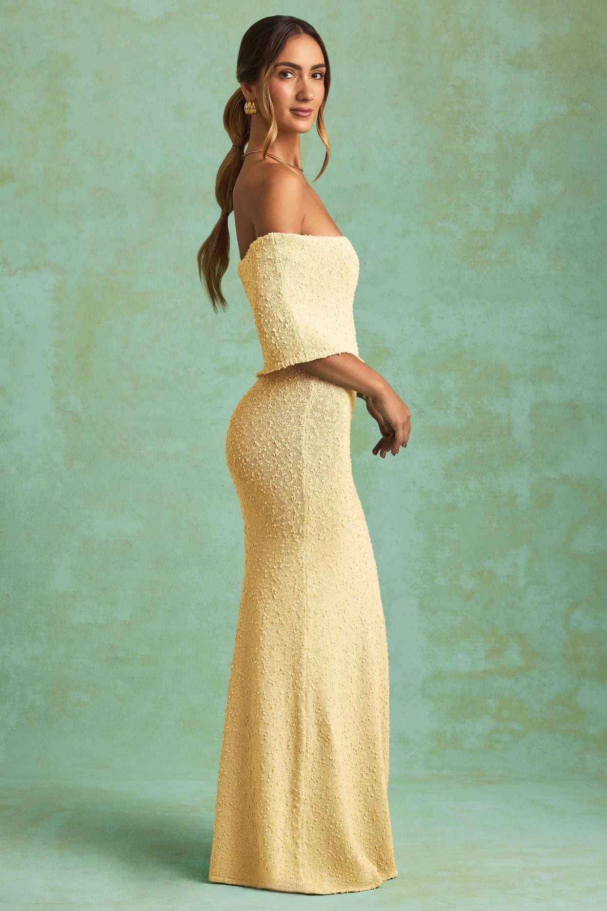 Bouclé Off-Shoulder Maxi Dress in Yellow