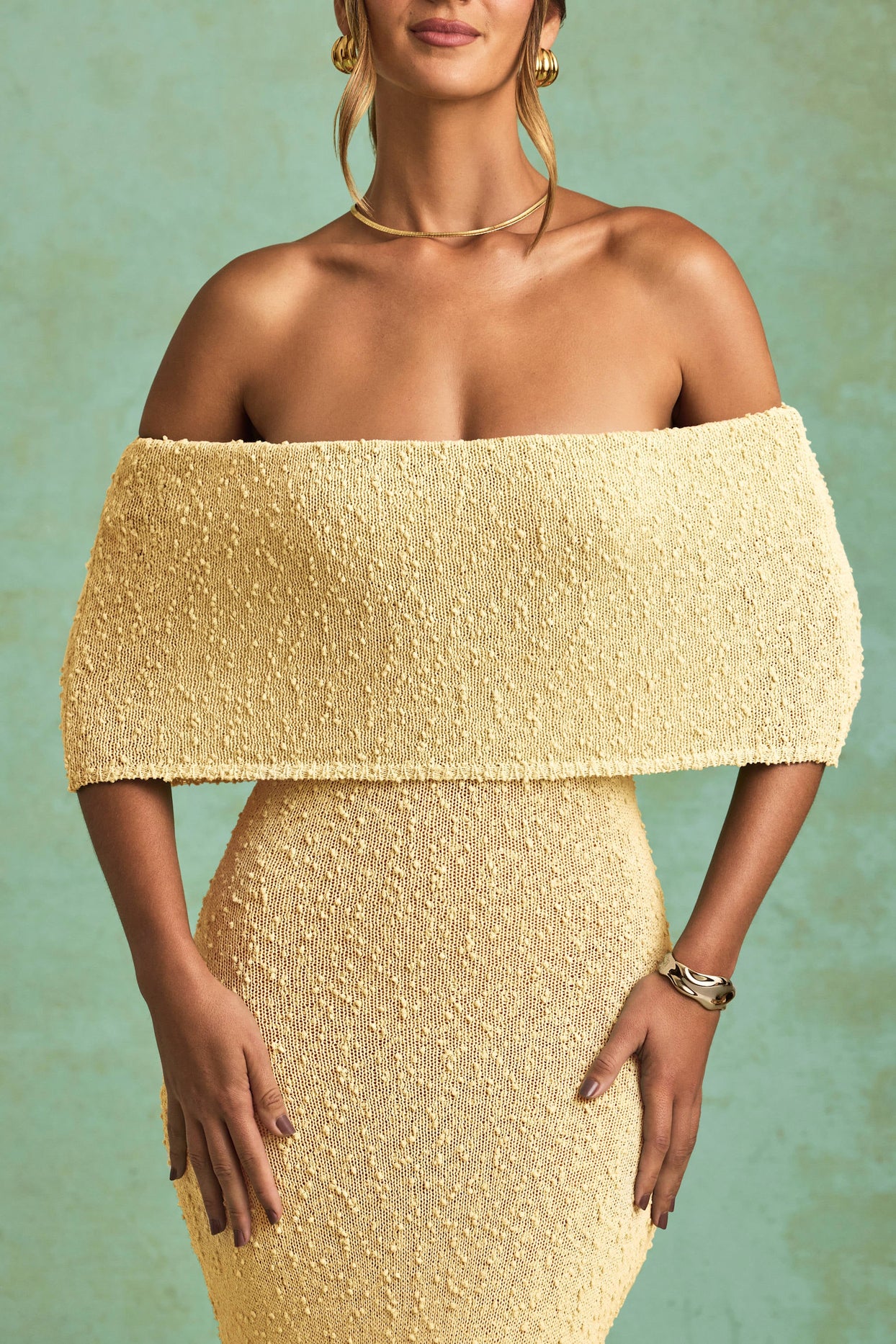 Bouclé Off-Shoulder Maxi Dress in Yellow